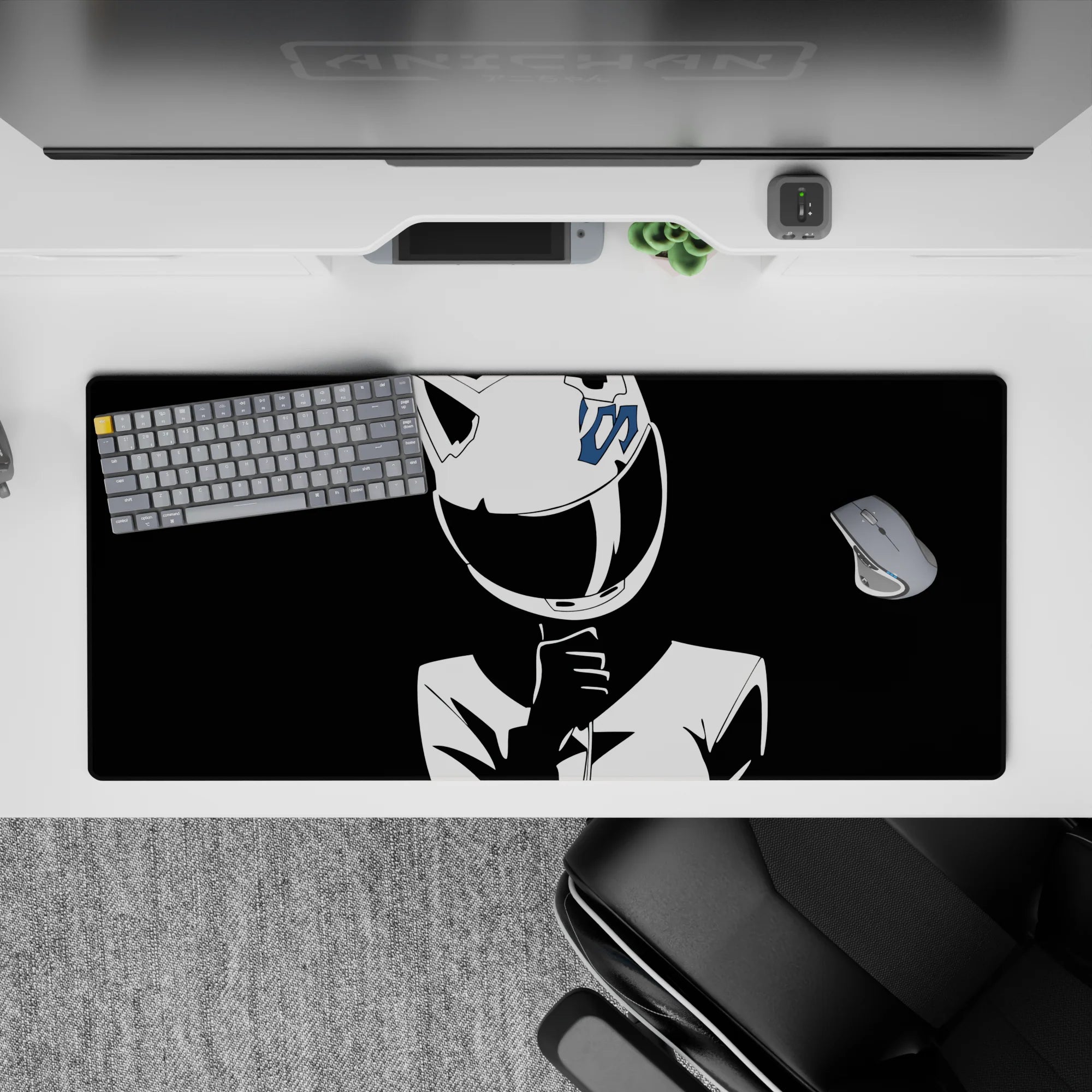 High-contrast black and white anime desk pad 36x16 inches, calm but daring vibe with a sharp blue accent.