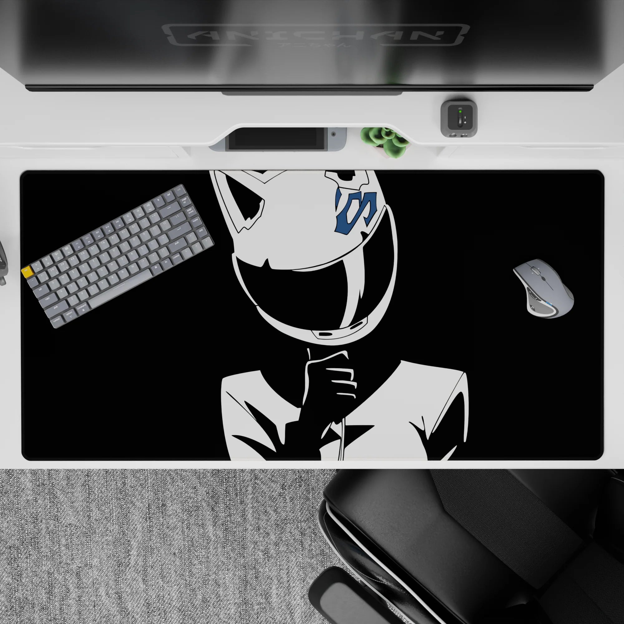 High-contrast black and white anime desk pad 40x20 inches, sleek minimalist shading, bold calm vibe.