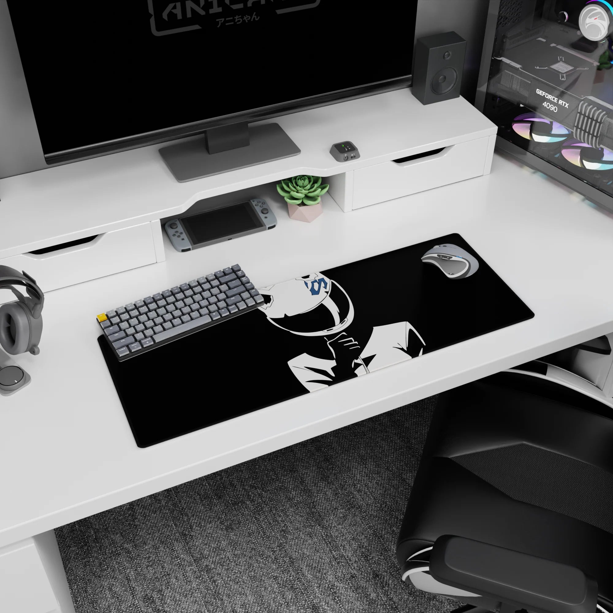 32x12 inches anime girl desk mat showing a helmeted girl touching her collar, crisp silhouette and attitude.