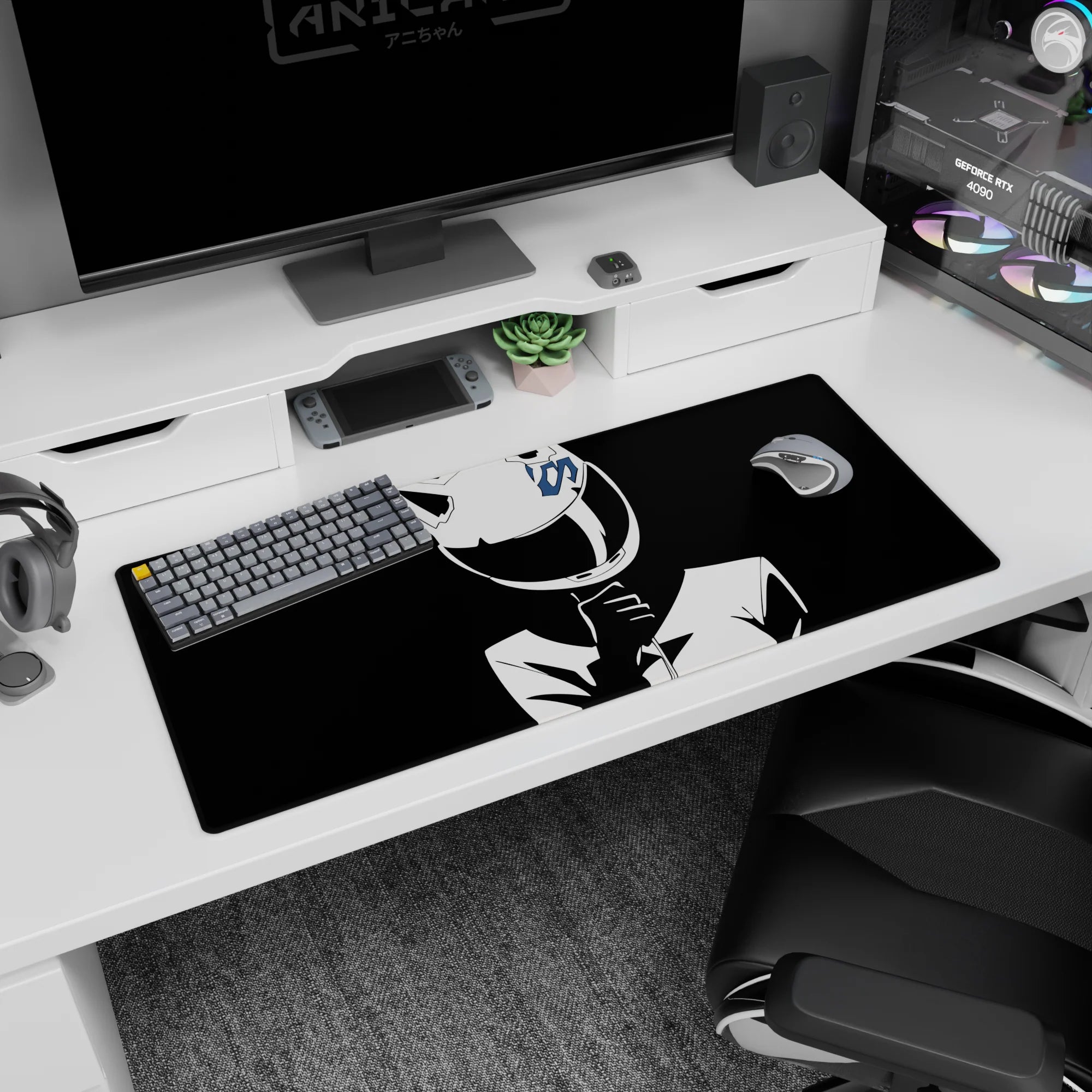 Anime girl desk pad 36x16 inches showing her hand at the collar, cat-ear helmet shining like she’s hiding a secret.