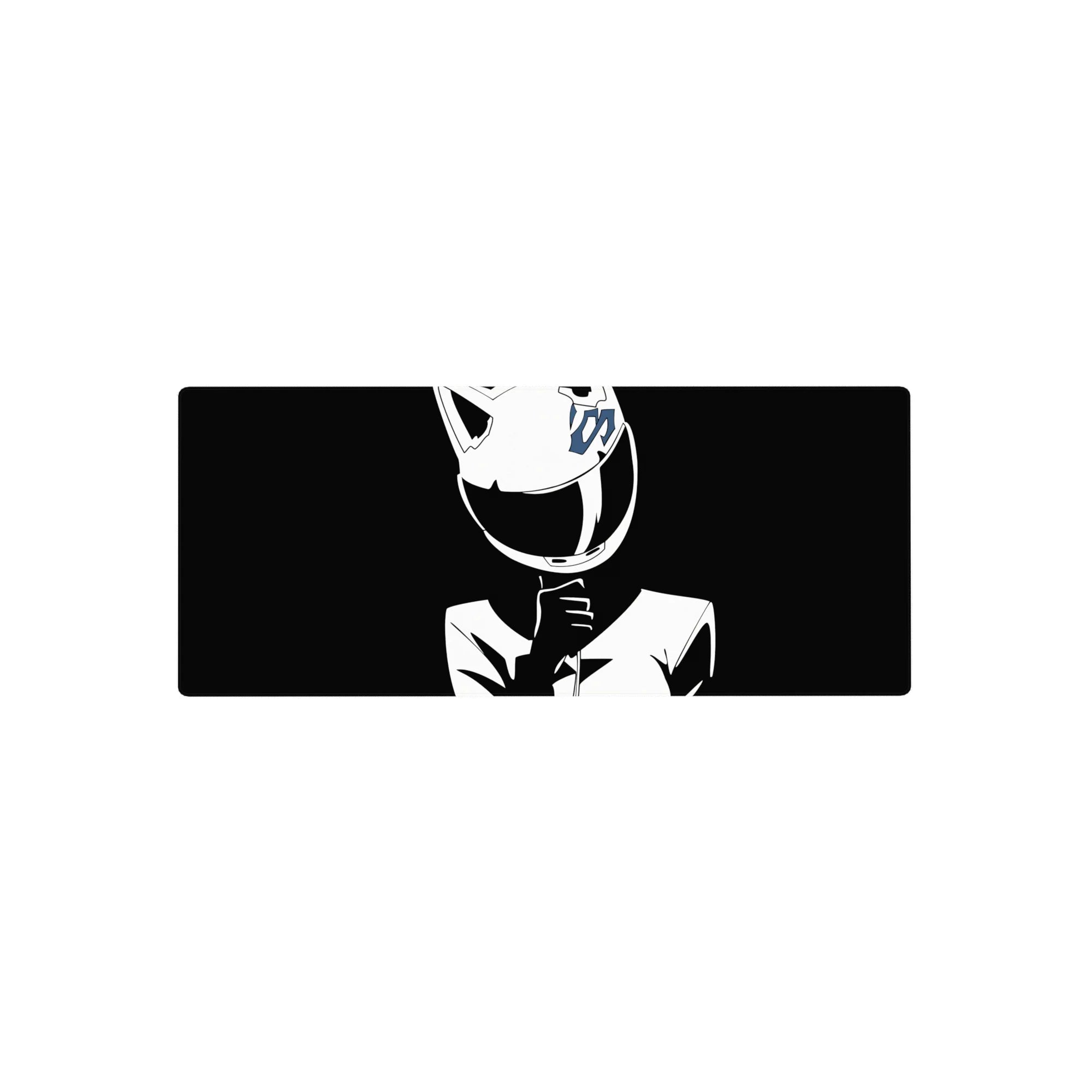 28x12 inches anime girl mouse pad with glossy cat-ear helmet, blue emblem, sleek street-racer jacket art.