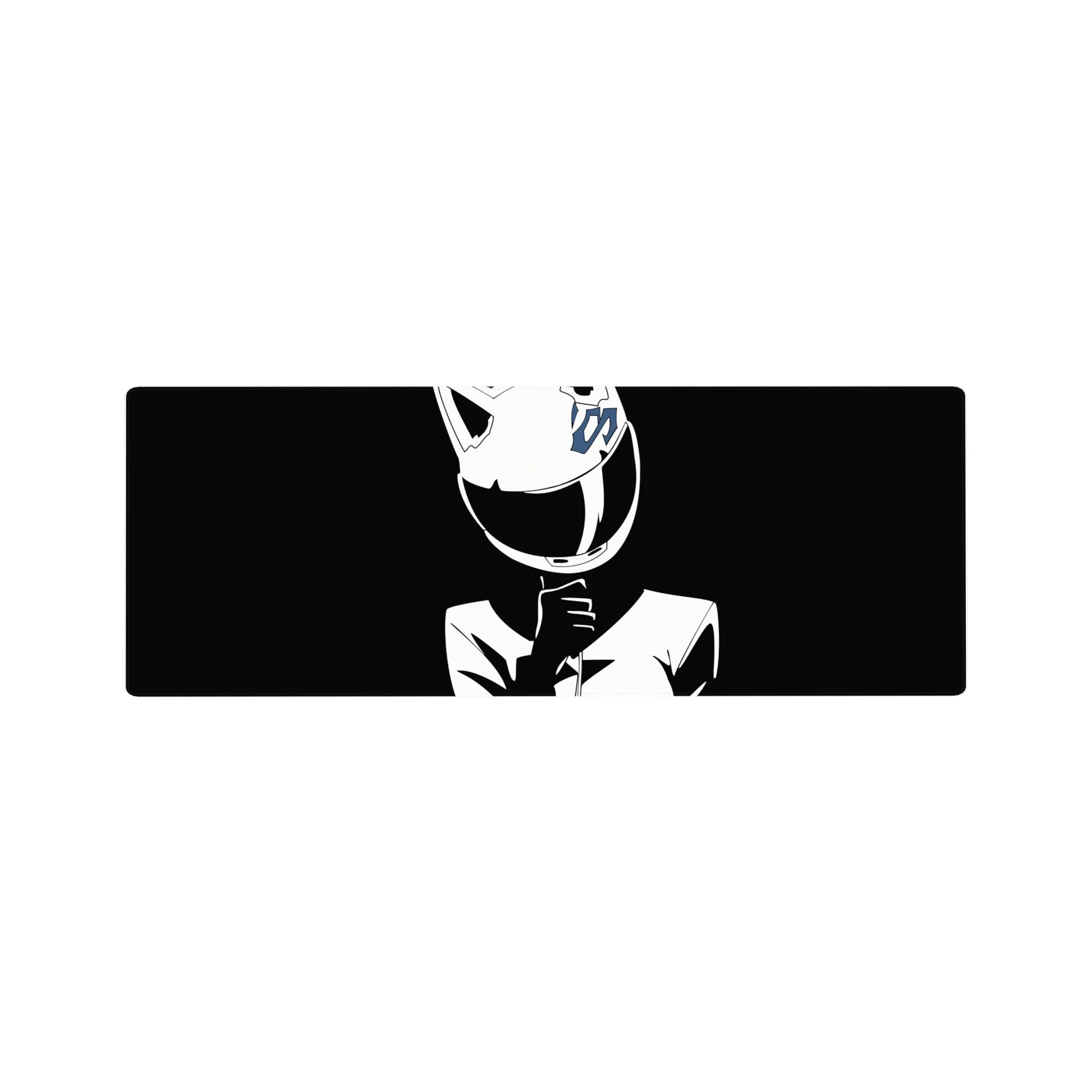 32x12 inches anime girl mouse pad with glossy cat-ear helmet, blue emblem, and sleek street-racer jacket.