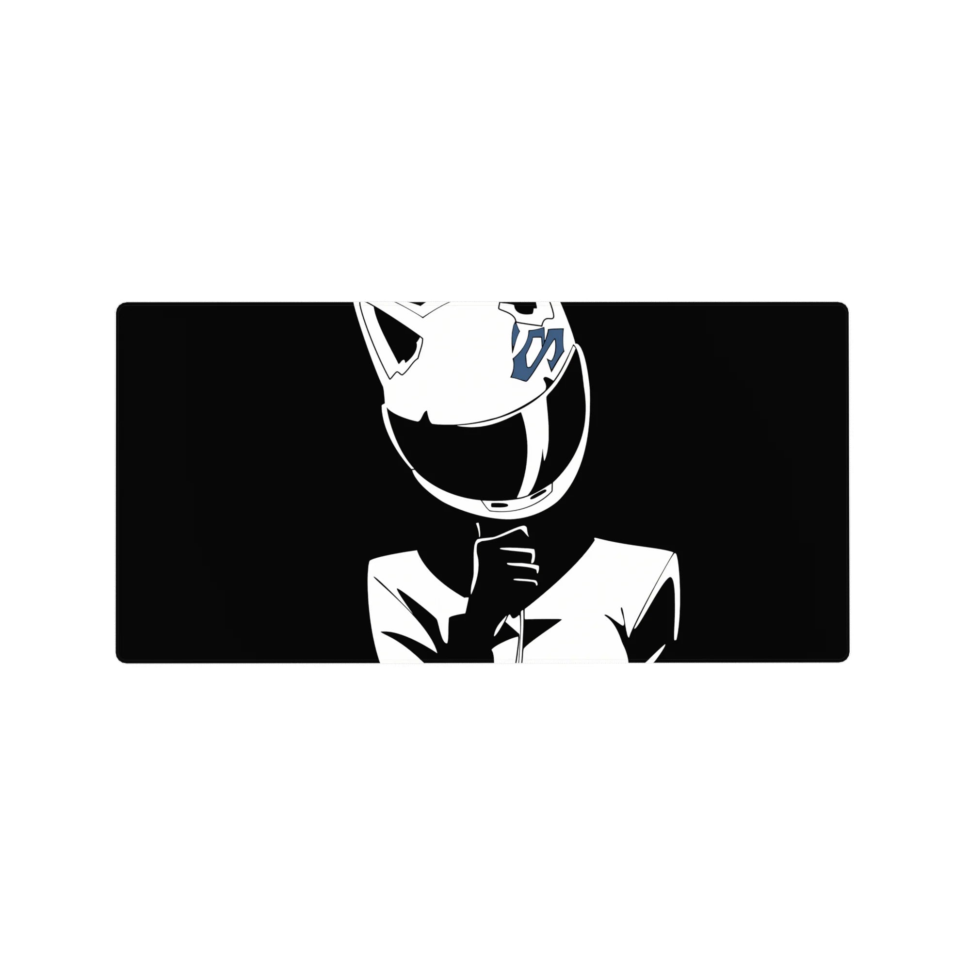 Anime girl mouse pad 32x16 inches with glossy cat-ear helmet, blue emblem, and sleek street-racer jacket.