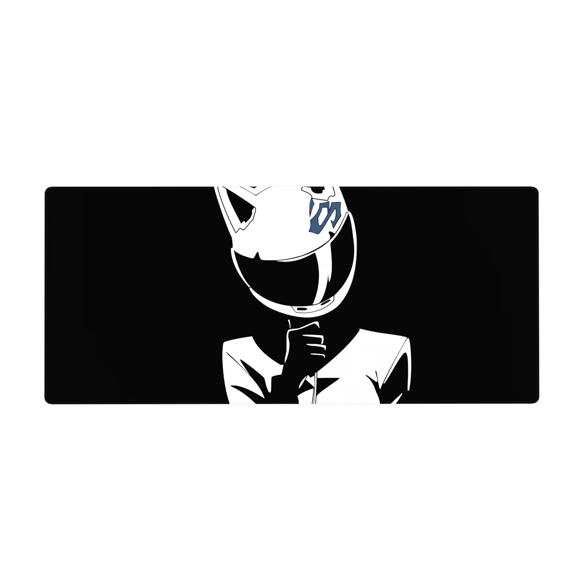 Anime girl desk pad 36x16 inches with glossy cat-ear helmet, blue emblem, and sleek street-racer jacket.