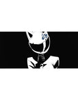 Anime girl desk pad 36x16 inches with glossy cat-ear helmet, blue emblem, and sleek street-racer jacket.