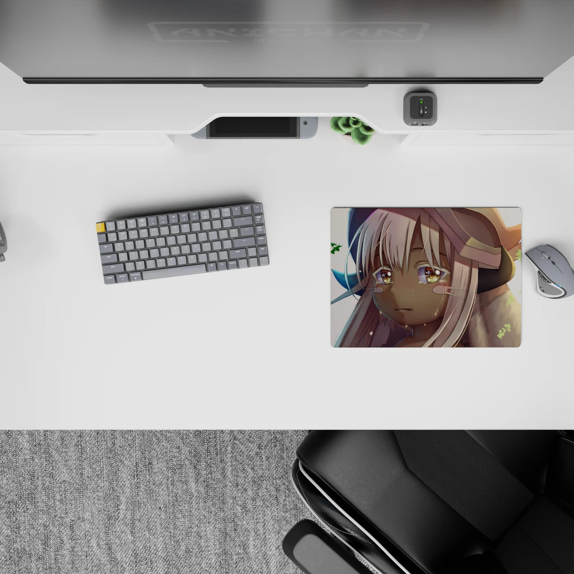Pastel sunset anime mouse pad 14x10 inches in warm orange glow, creamy whites, tan tones, cozy vibe.