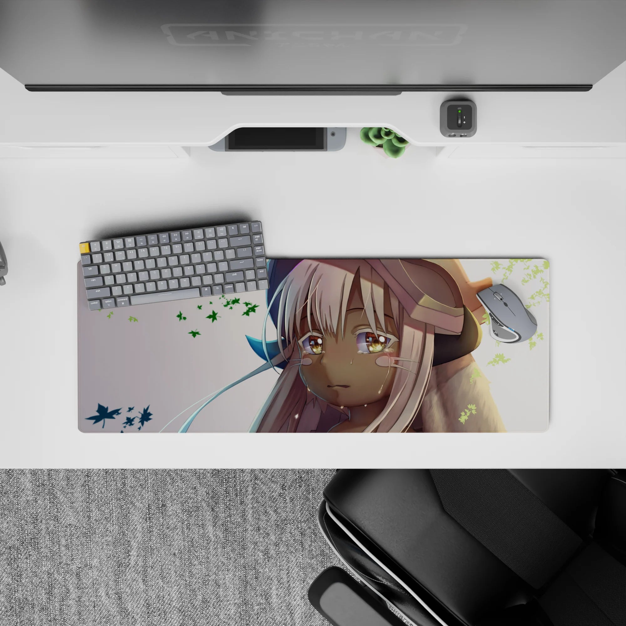 32x12 inches anime girl mouse pad in warm sunset pastels, creamy whites and tan tones, soft bittersweet vibe.