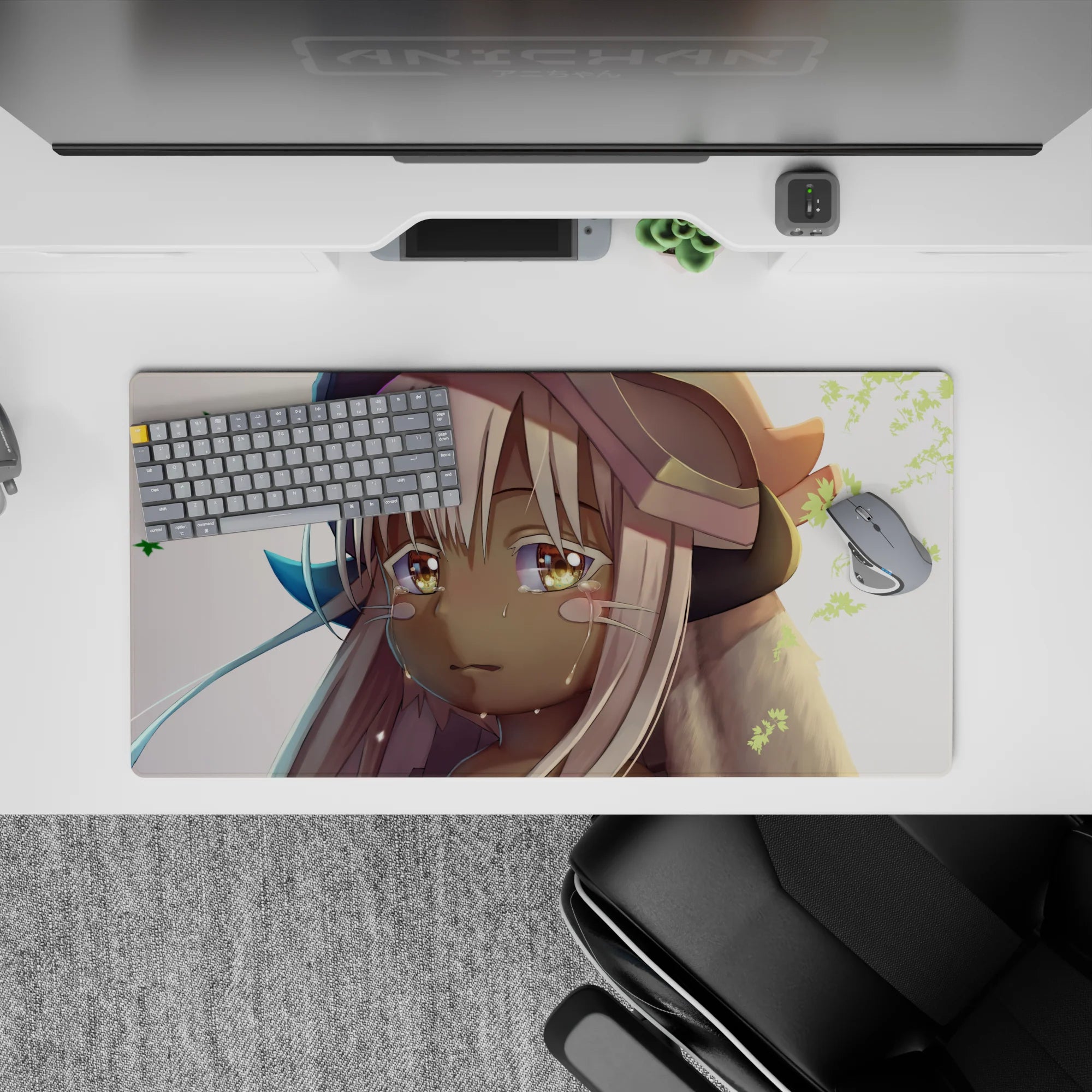 32x16 inches anime girl mouse pad in warm sunset pastels, creamy whites and tan tones, soft bittersweet mood.