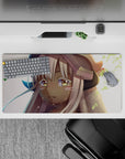 32x16 inches anime girl mouse pad in warm sunset pastels, creamy whites and tan tones, soft bittersweet mood.