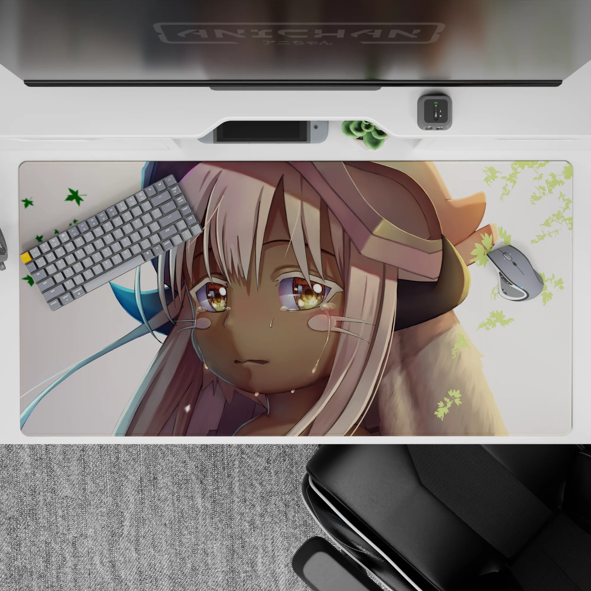 40x20 inches anime girl desk pad in soft pastel sunset tones, cozy bittersweet vibe with warm glow and gentle greens.