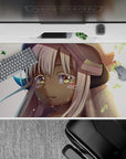 40x20 inches anime girl desk pad in soft pastel sunset tones, cozy bittersweet vibe with warm glow and gentle greens.