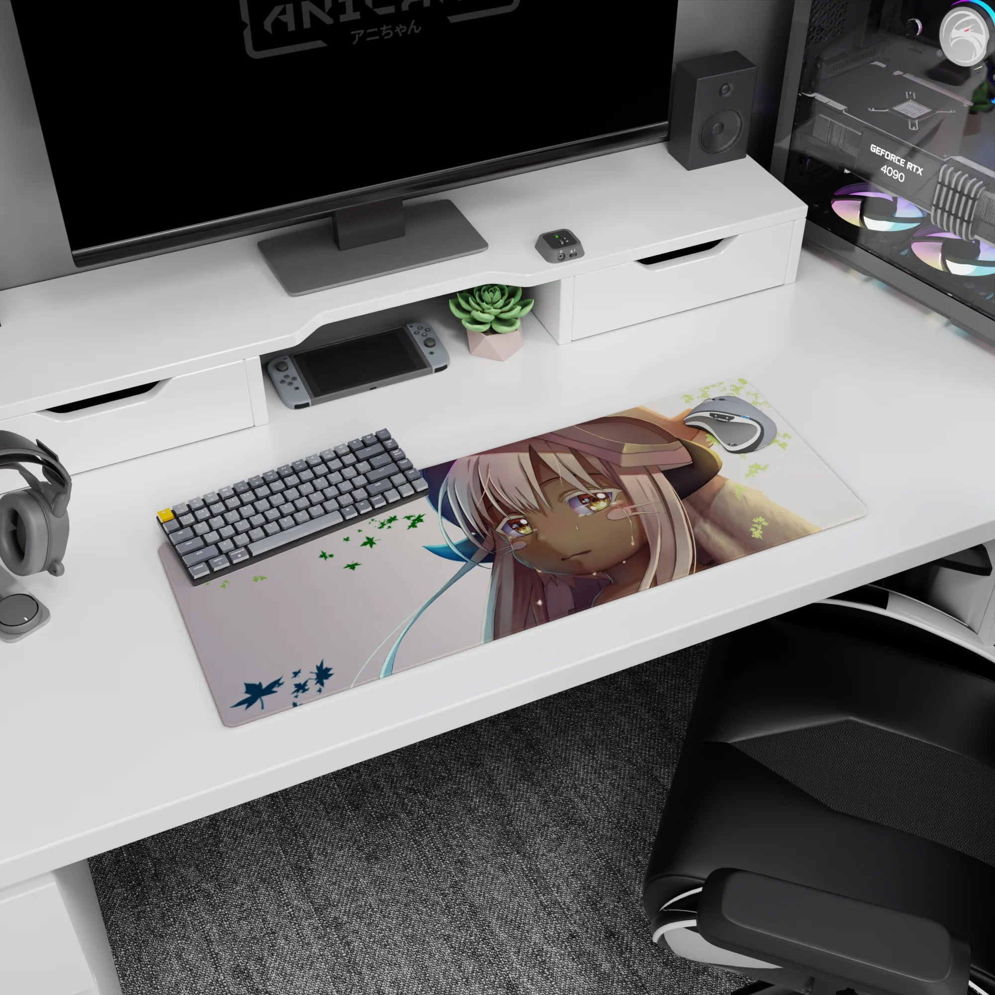 32x12 inches Made in Abyss Nanachi mouse pad, gazing up with tiny tears and leaf shapes floating around.