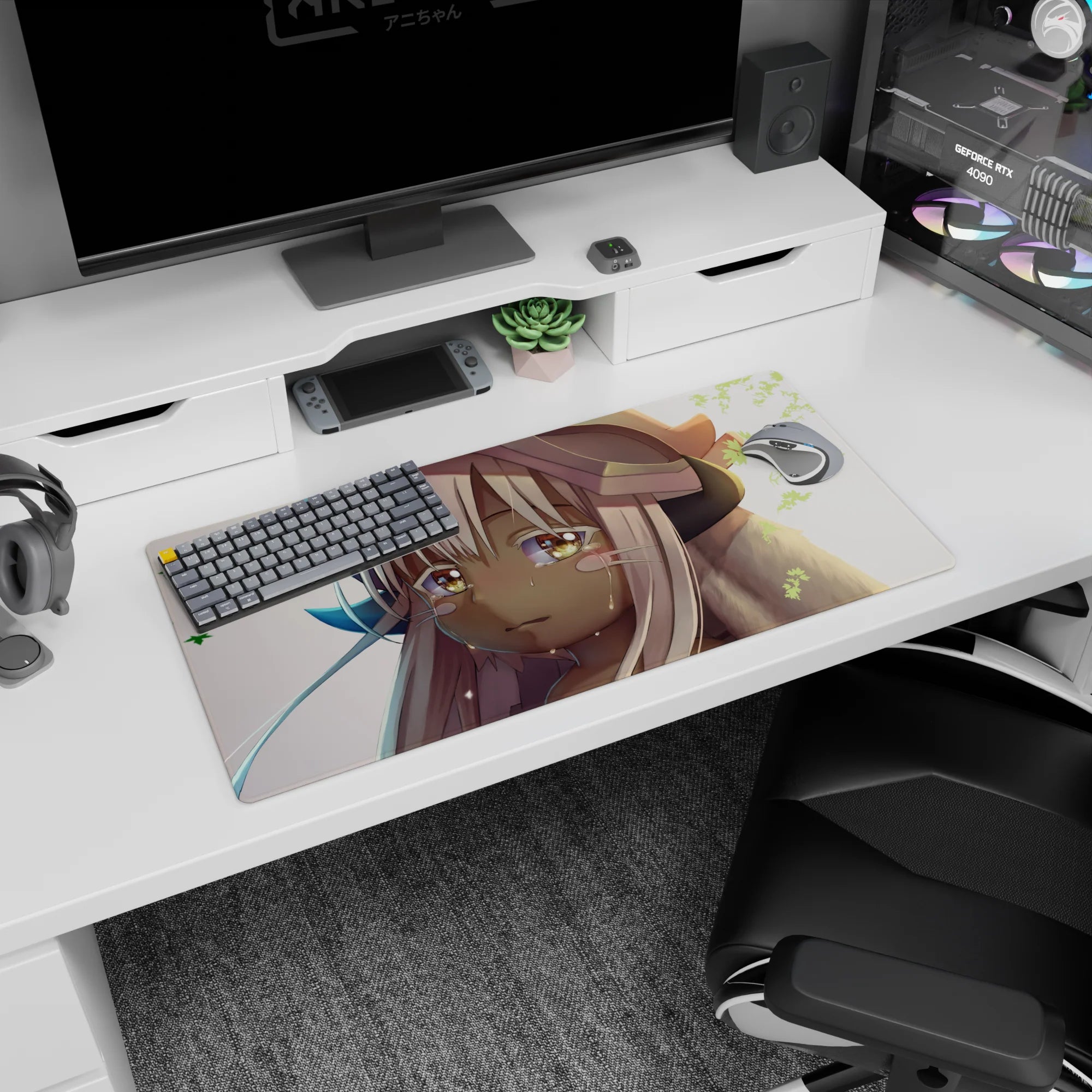 32x16 inches Made in Abyss mouse pad featuring Nanachi with tiny tears and green leaves drifting around.