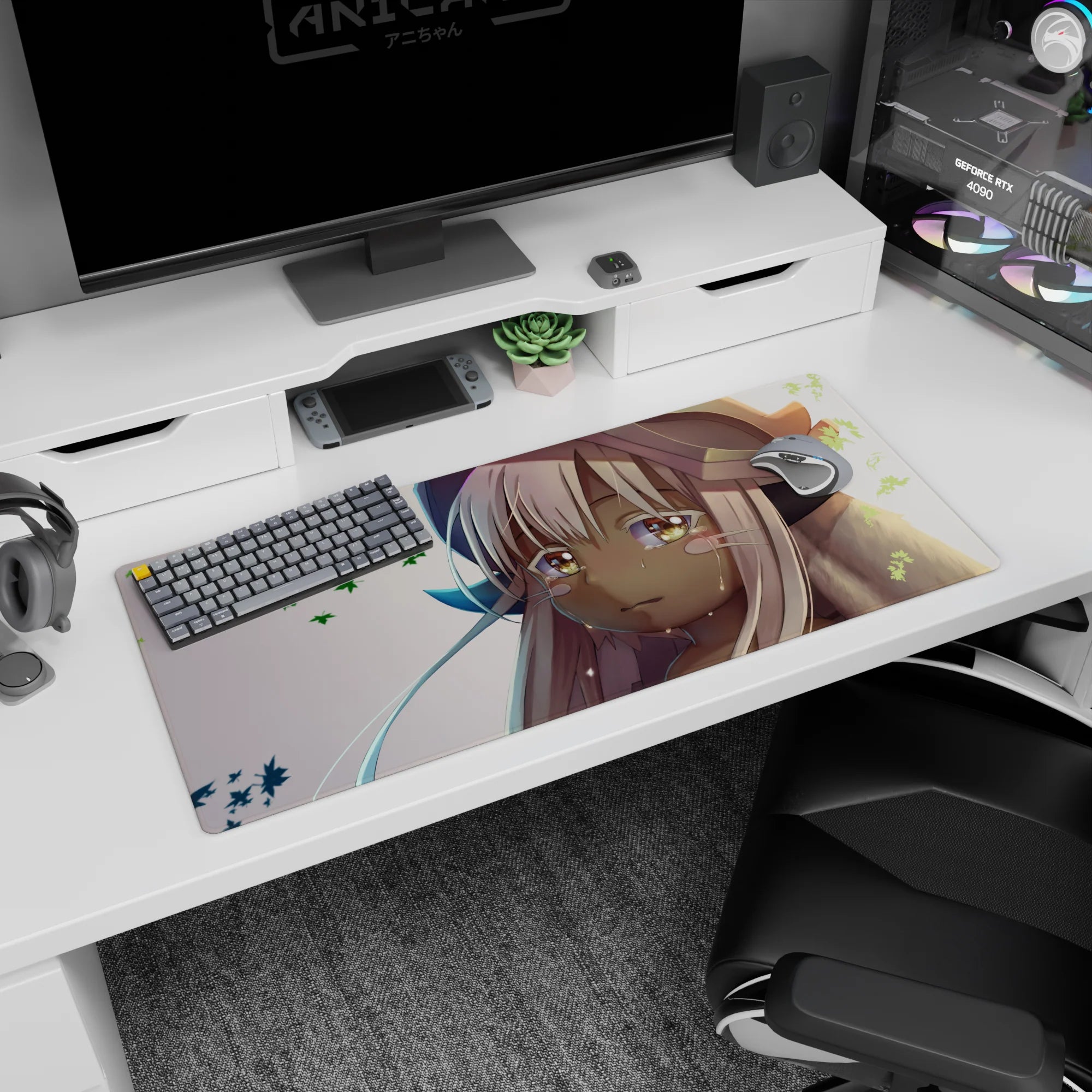 36x16 inches Made in Abyss desk pad featuring Nanachi in soft fur tones, teary eyes, and drifting green leaves.