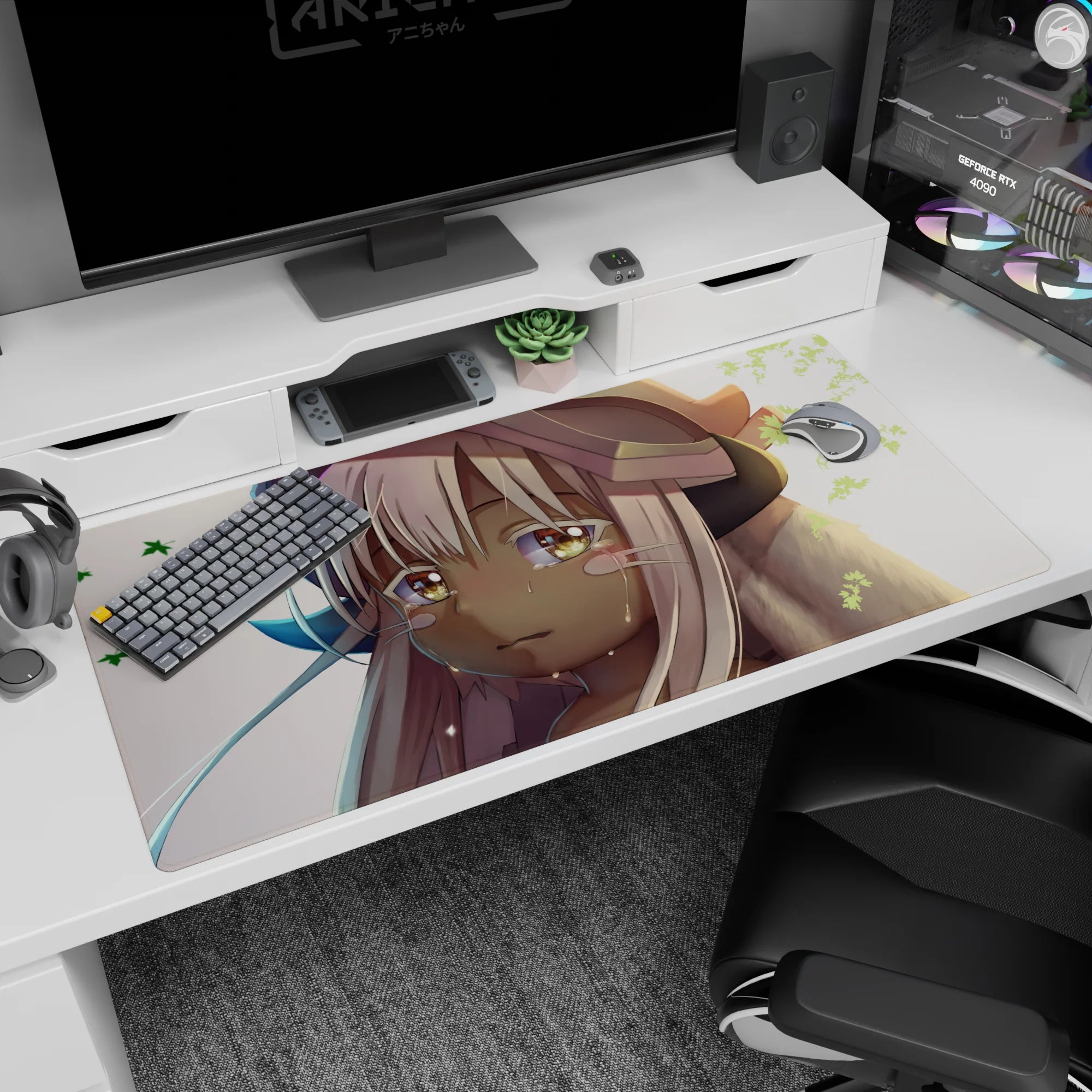 40x20 inches anime girl desk pad featuring Nanachi from Made in Abyss looking up with glossy eyes and tiny tears.