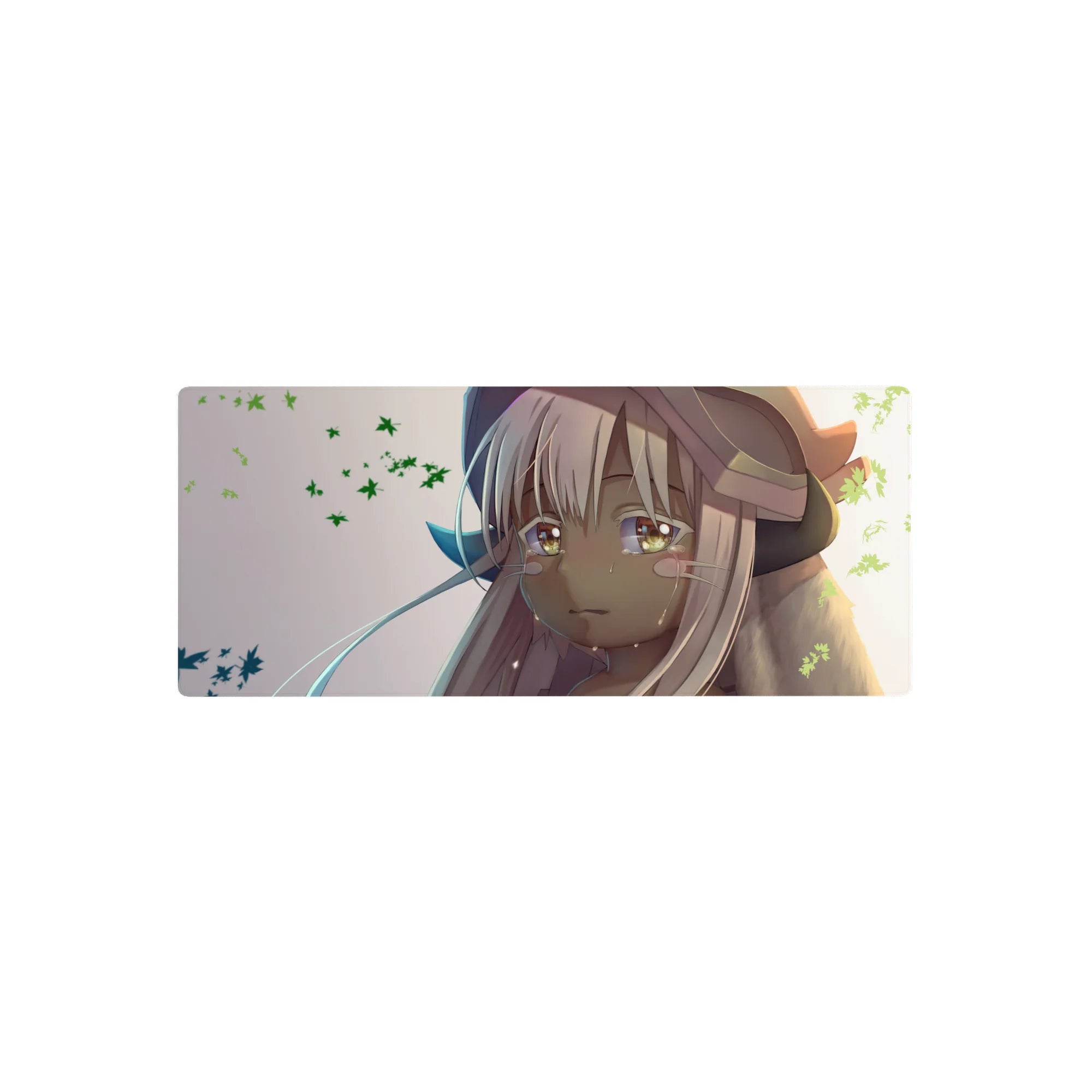 28x12 inches anime girl desk mouse pad with Nanachi art, glossy eyes, leaf accents, and comfy wrist feel.