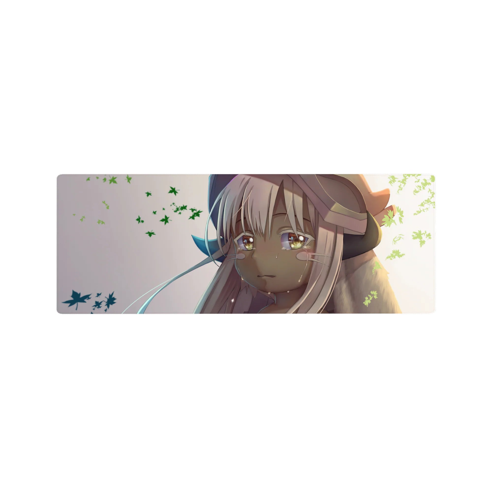 32x12 inches anime girl mouse pad with Nanachi at sunset, glossy eyes, drifting green leaves, cozy desk mat.