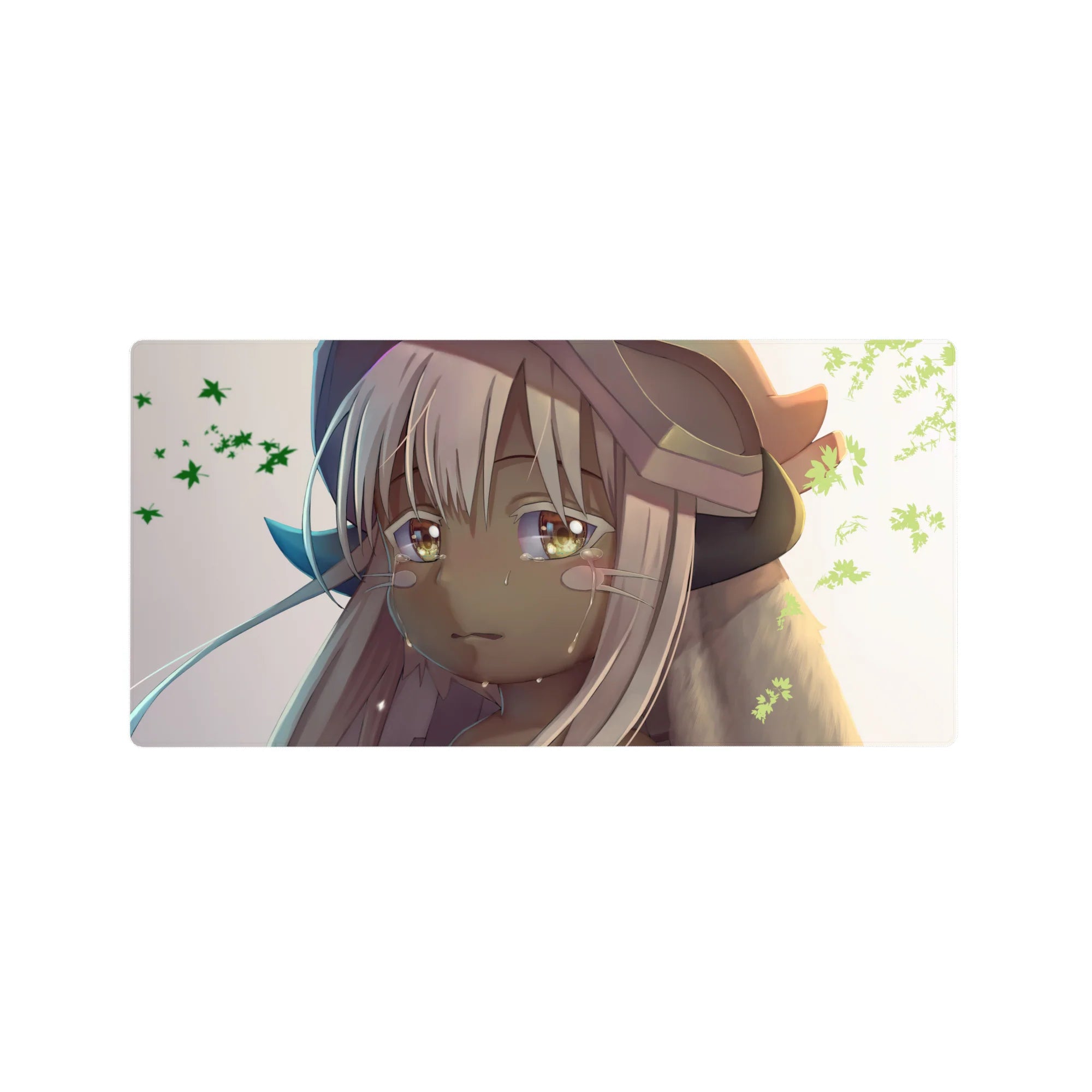 32x16 inches anime girl mouse pad with Nanachi gazing up, glossy eyes, leaf motifs, cozy desk mat.