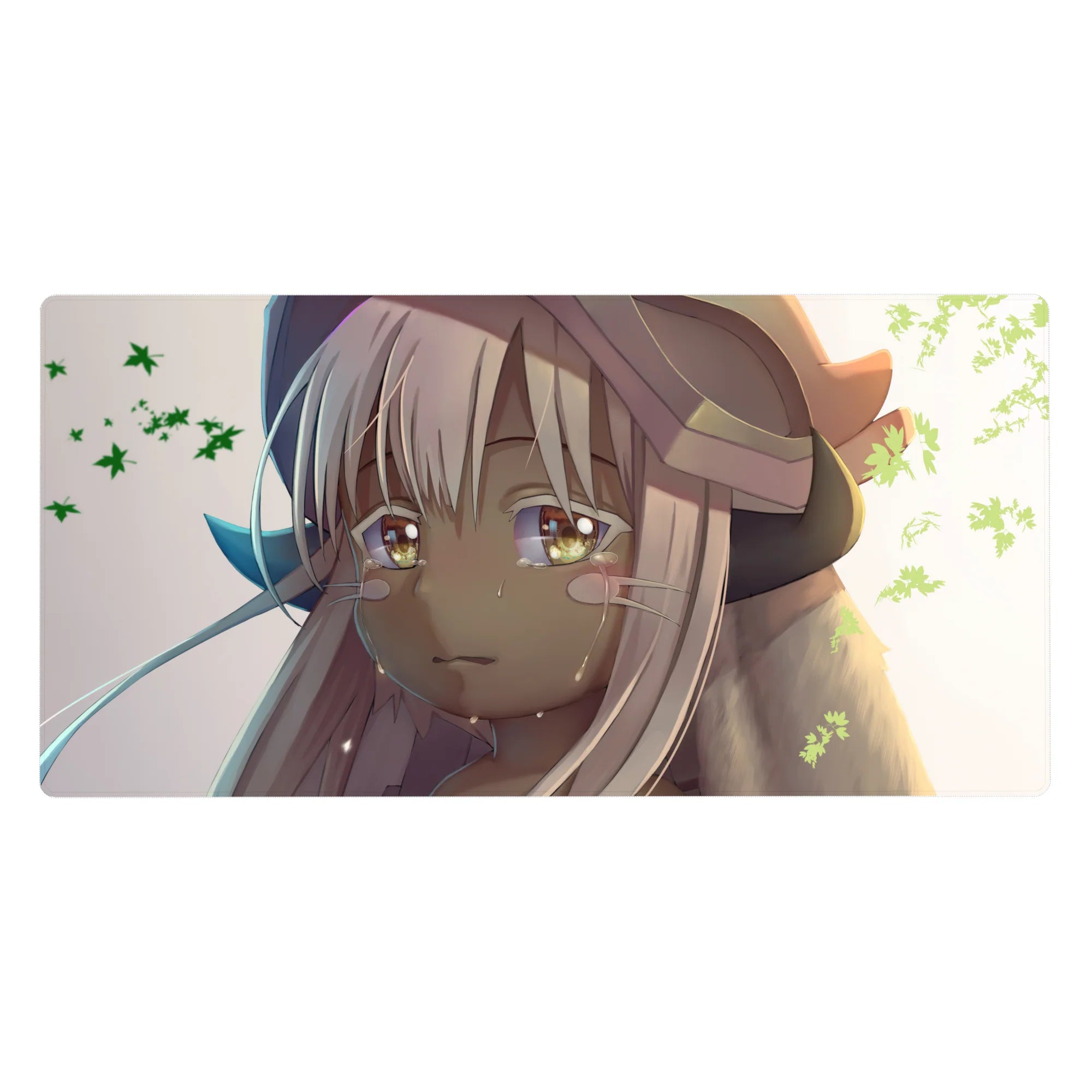 40x20 inches anime girl desk pad with Nanachi in sunset glow, creamy white and tan fur, drifting green leaves.