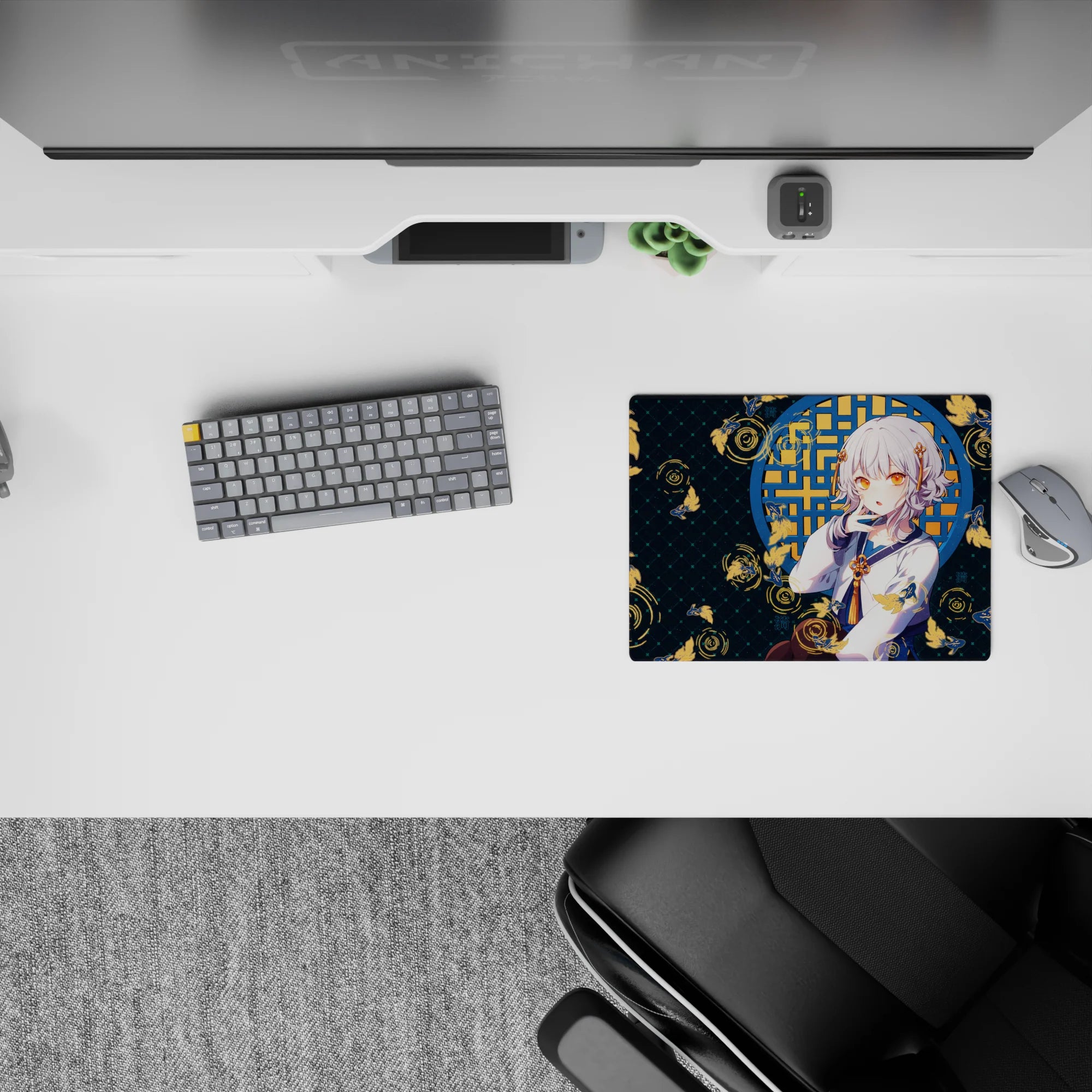Cozy teal night-pond vibe anime girl mouse pad 14x10 inches with amber eyes, gold koi, and ripples.