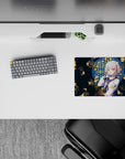 Cozy teal night-pond vibe anime girl mouse pad 14x10 inches with amber eyes, gold koi, and ripples.