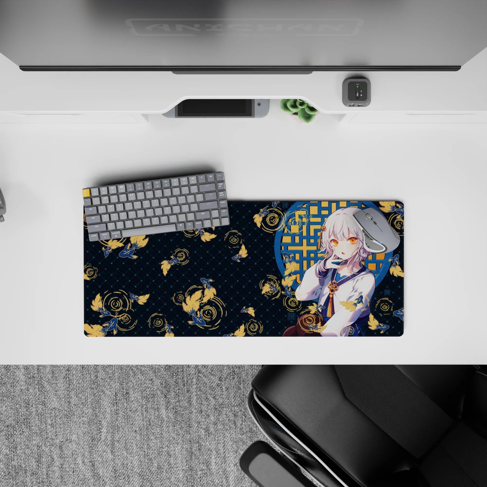 28x12 inches desk mat in deep teal with cozy night-pond vibe, amber eyes, gold koi accents, crisp print.