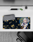 28x12 inches desk mat in deep teal with cozy night-pond vibe, amber eyes, gold koi accents, crisp print.
