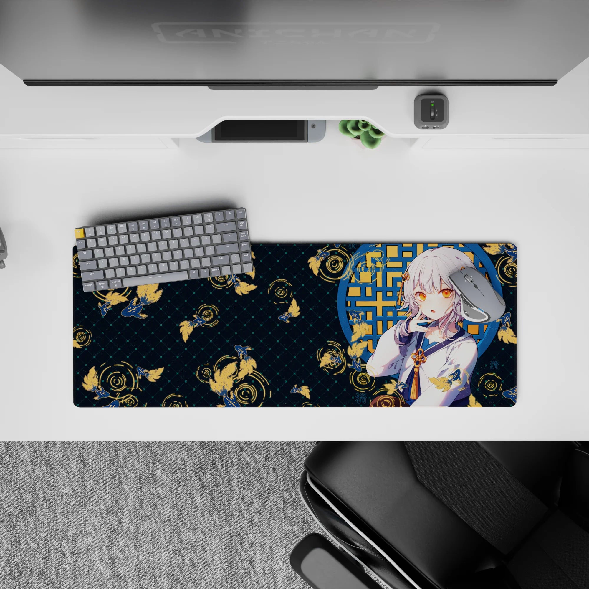 32x12 inches desk mat in deep teal night-pond tones with gold koi ripples, cozy mischievous vibe.