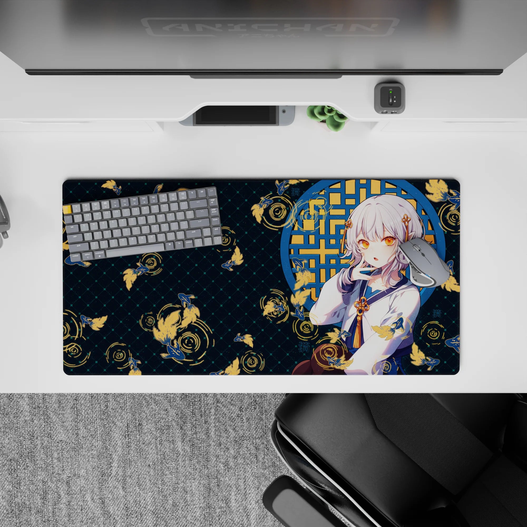 32x16 inches teal night-pond anime desk mat, cozy mischievous vibe with gold koi and soft contrast.