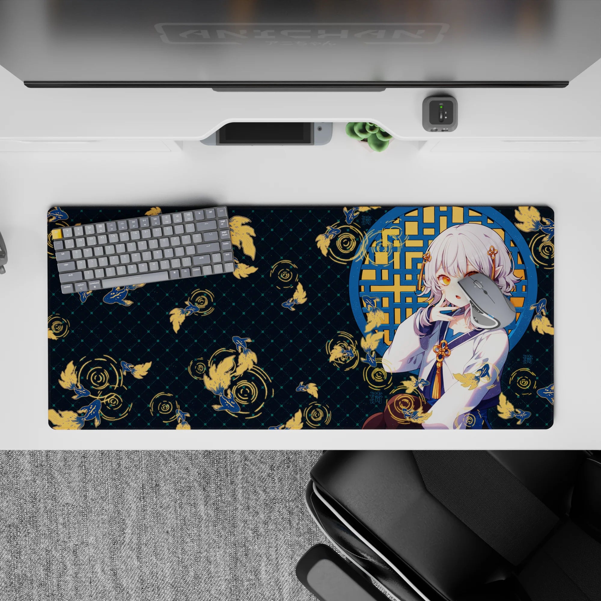 Cozy teal night-pond vibe desk pad 36x16 inches with silver, gold koi accents, calm playful anime style.