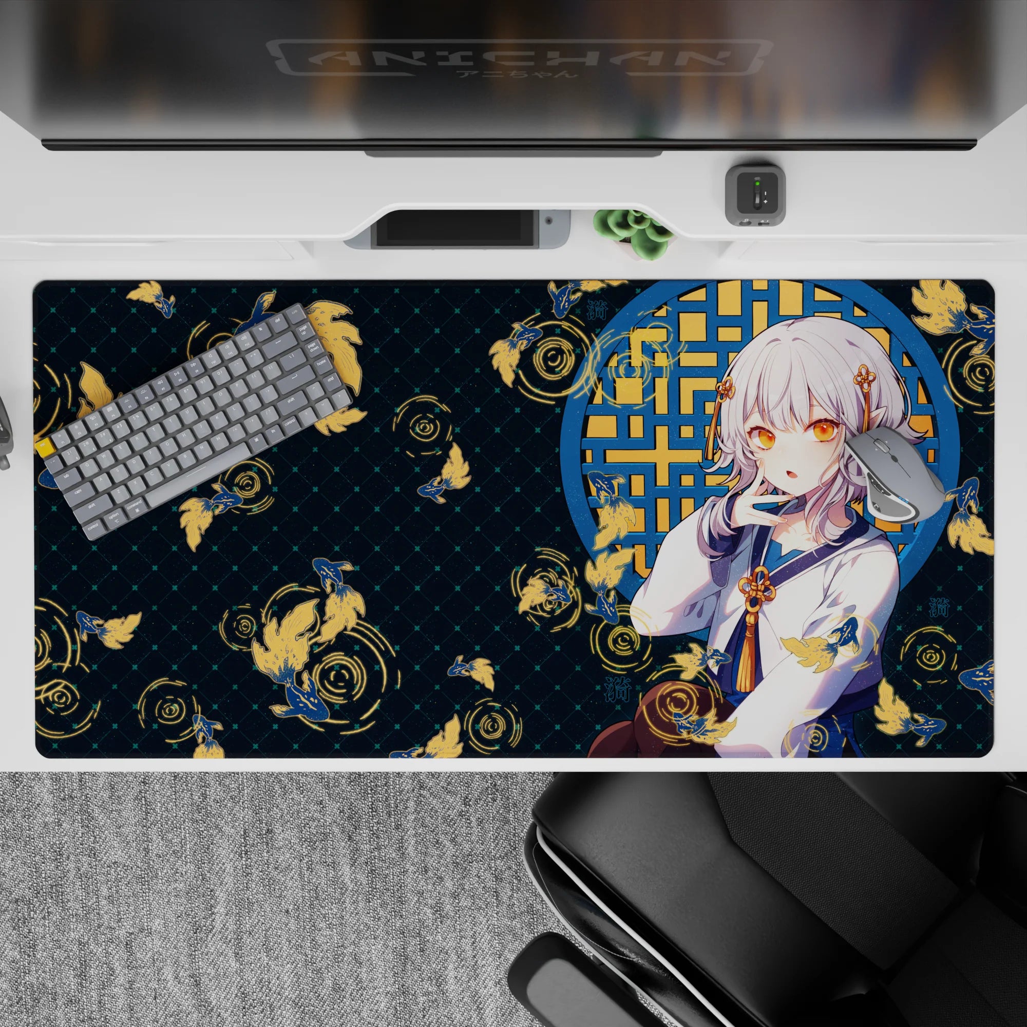 40x20 inches desk pad in deep teal night-pond tones with gold koi accents, cozy mischievous vibe.