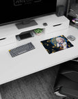 Silver-haired anime girl with amber eyes by a blue window and swirling koi, mouse pad 14x10 inches.