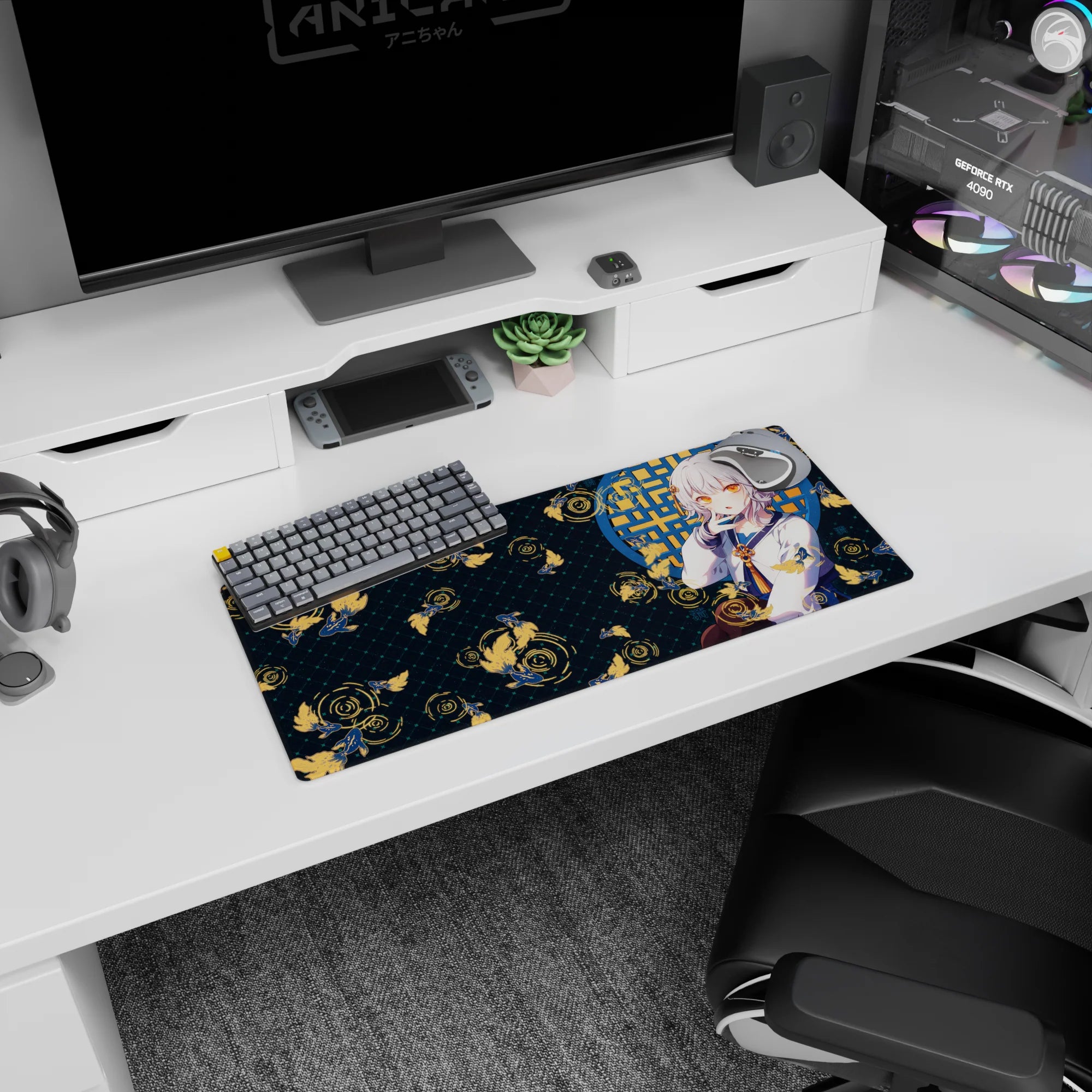 28x12 inches mouse pad showing a silver-haired anime girl with amber eyes by a blue window amid koi swirls.