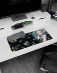 28x12 inches mouse pad showing a silver-haired anime girl with amber eyes by a blue window amid koi swirls.