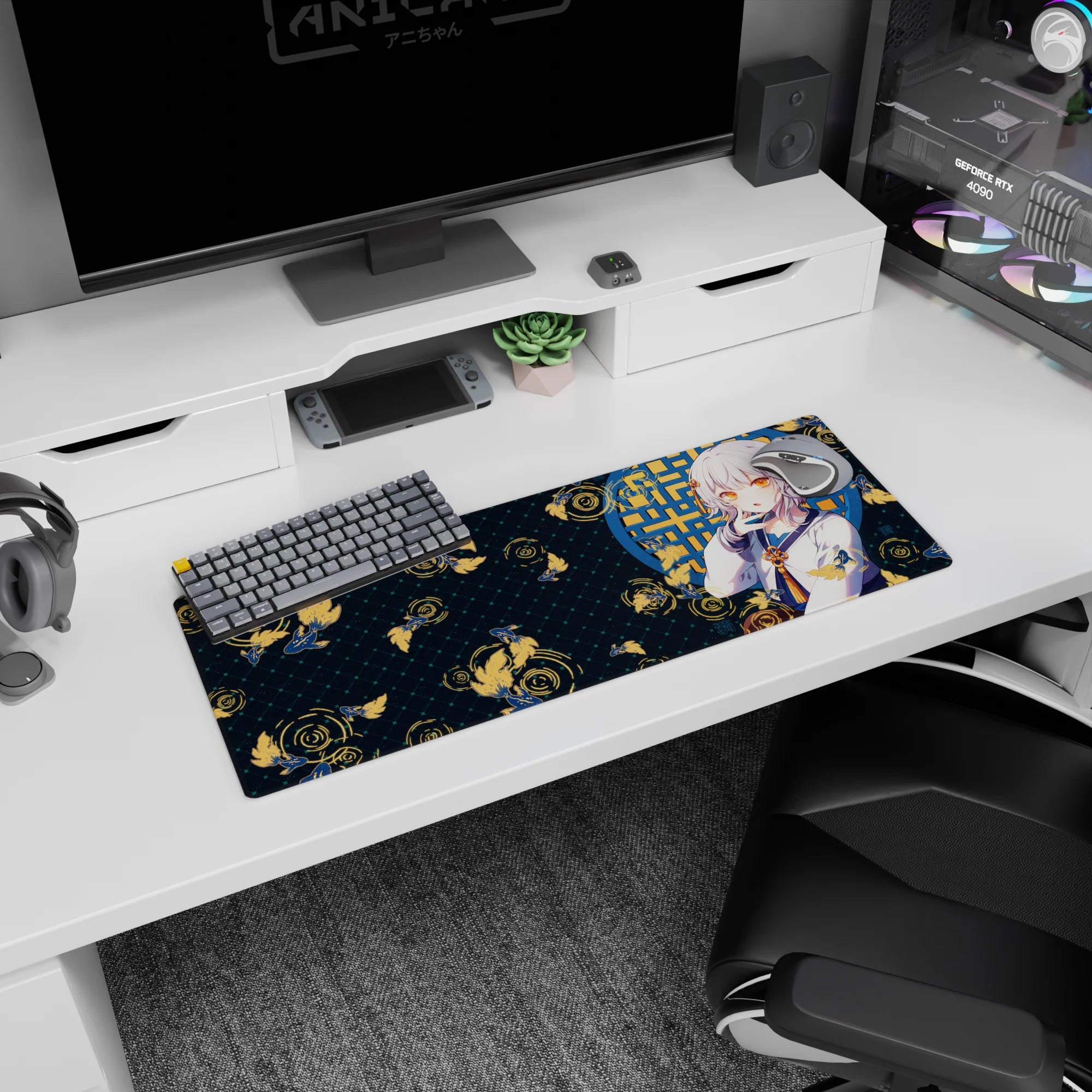 32x12 inches mouse pad showing silver-haired girl with amber eyes by a blue window amid swirling koi.