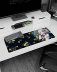 32x12 inches mouse pad showing silver-haired girl with amber eyes by a blue window amid swirling koi.