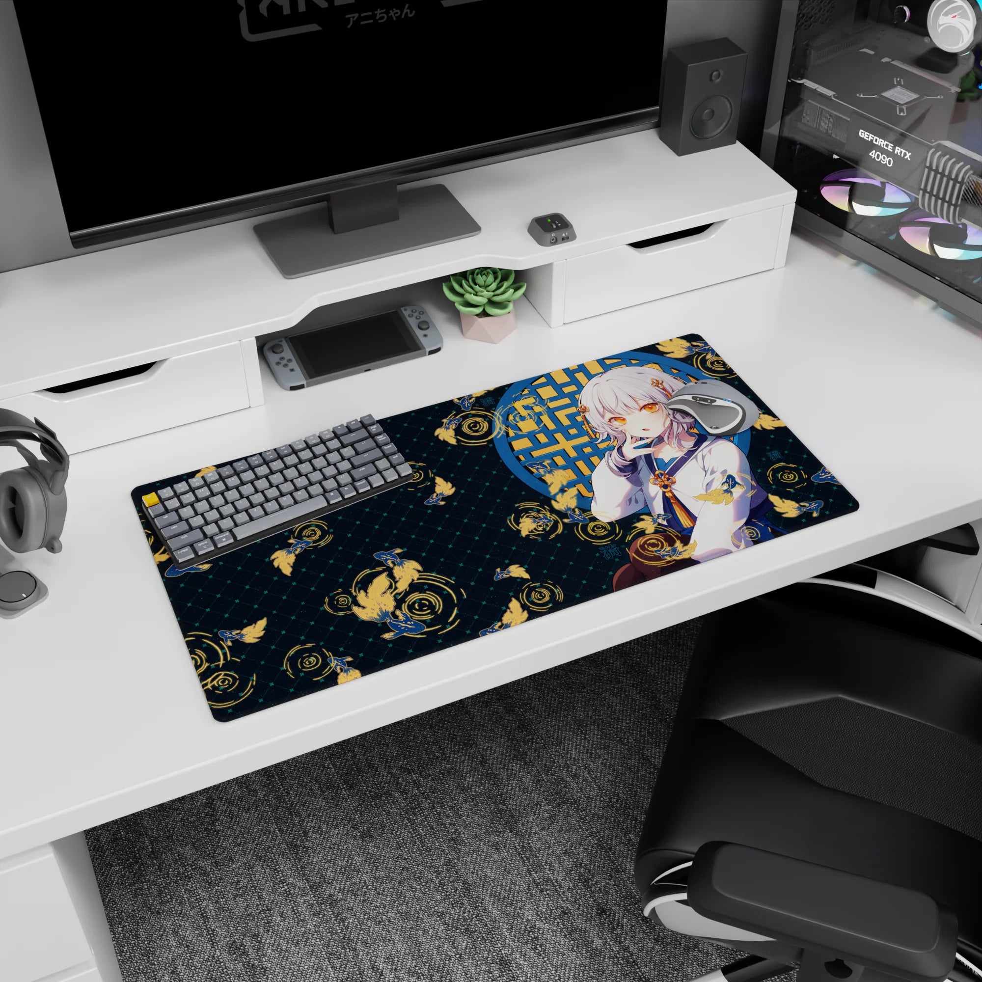 32x16 inches mouse pad featuring amber-eyed silver-haired anime girl framed by a window and swirling koi.