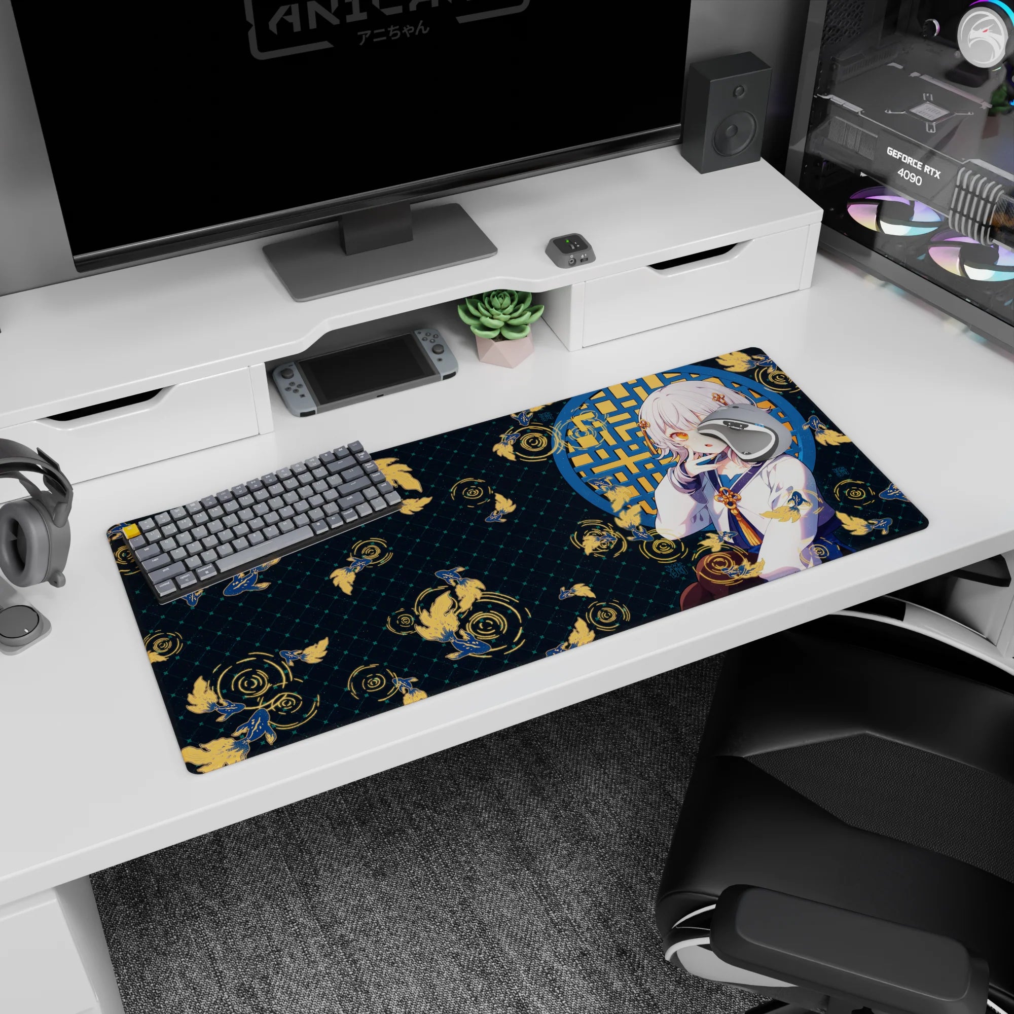 Silver-haired amber-eyed anime girl desk pad 36x16 inches, framed by blue window with golden koi shower.