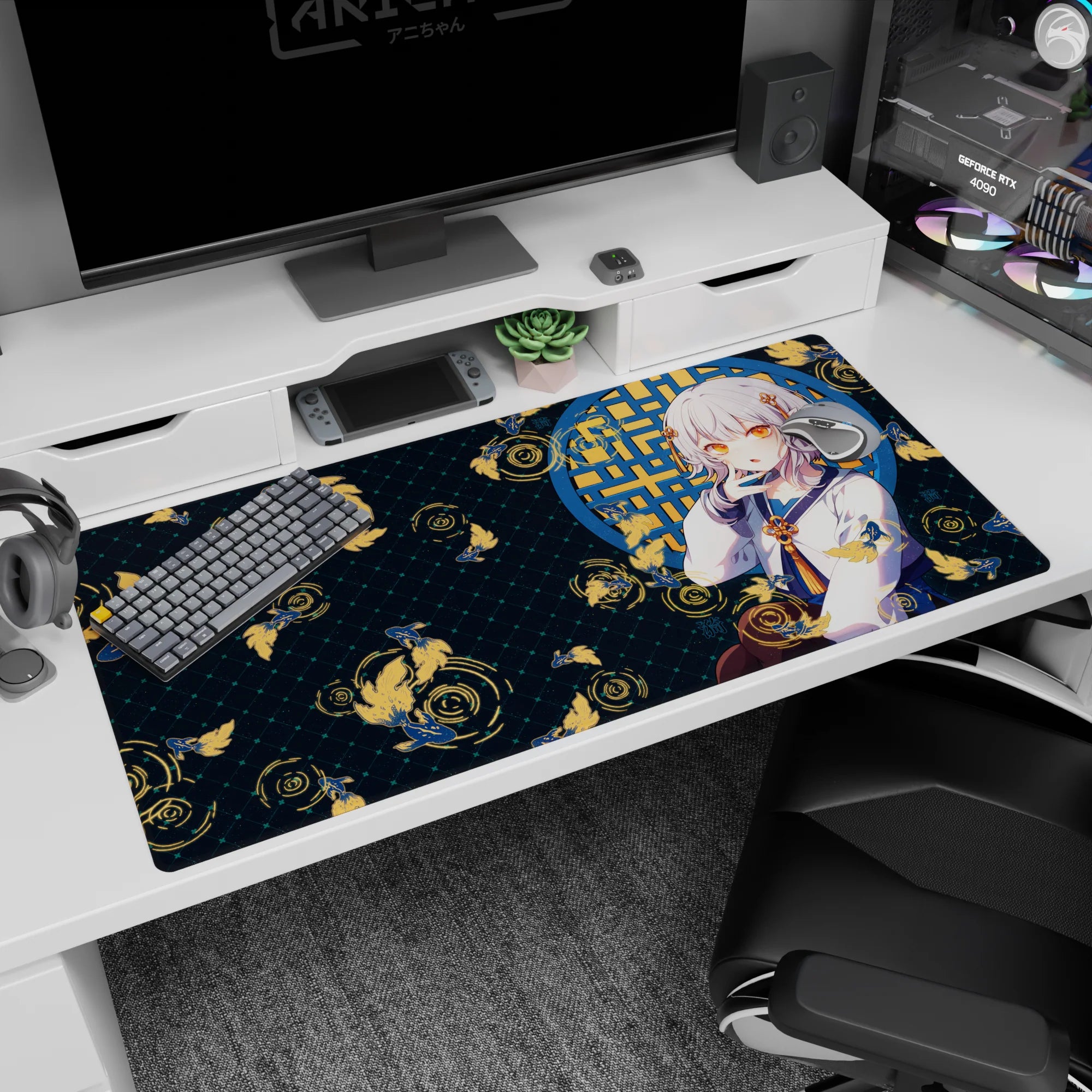 40x20 inches anime desk pad showing silver-haired girl with amber eyes by a blue window amid koi swirls.