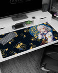 40x20 inches anime desk pad showing silver-haired girl with amber eyes by a blue window amid koi swirls.