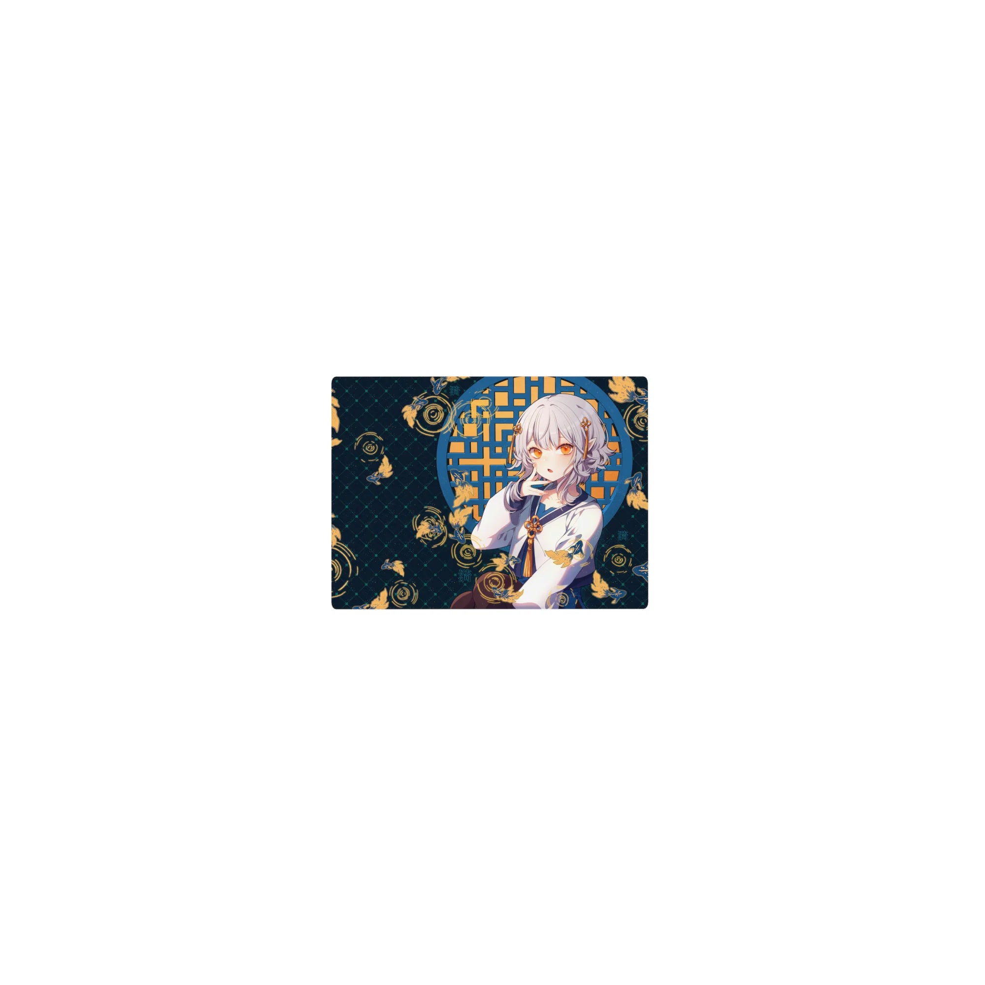 Classic anime girl mouse pad 14x10 inches with silver-haired heroine, koi fish, and blue lattice window art.