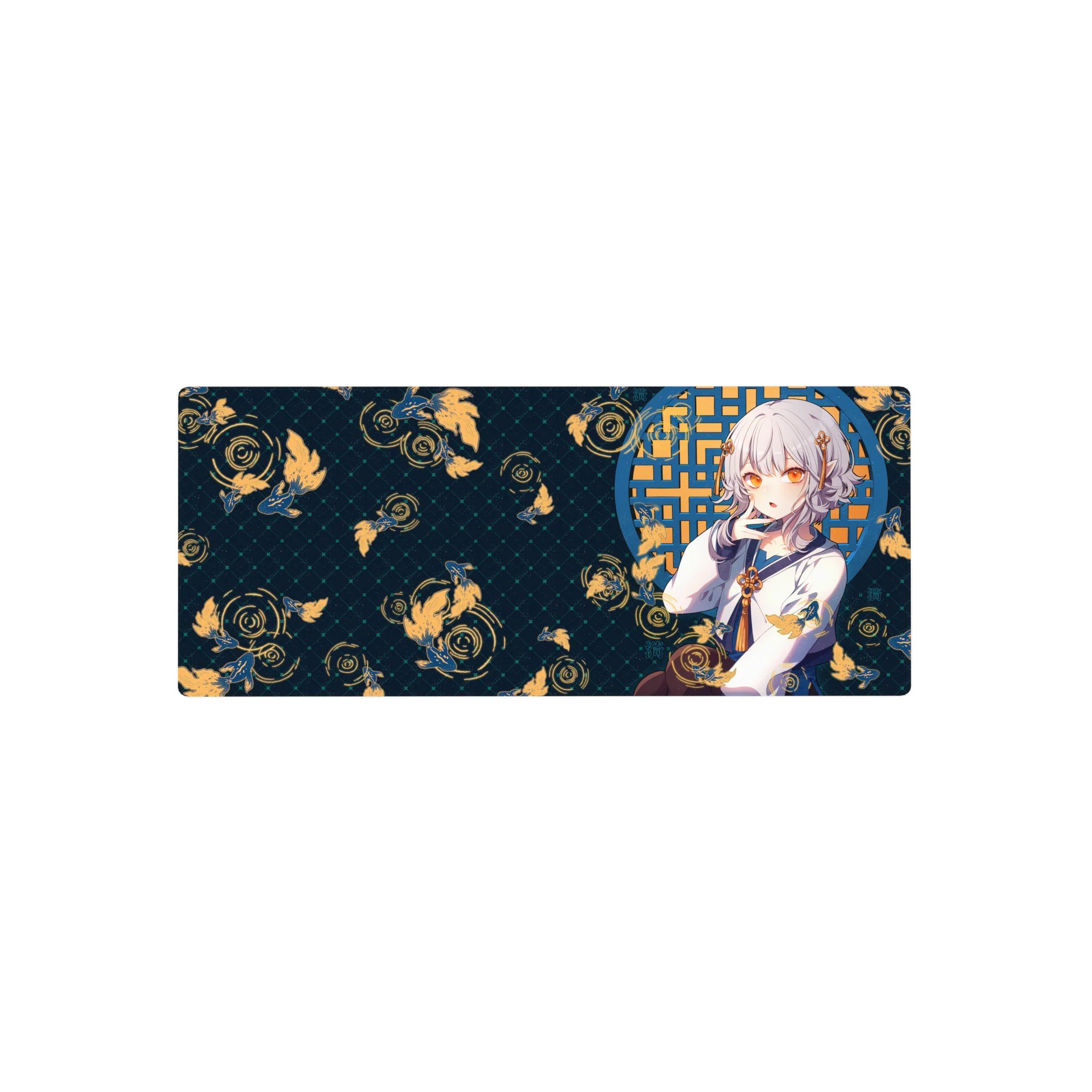 28x12 inches anime girl mouse pad with silver-haired girl, blue lattice window, gold koi and ripples, teal base.