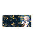 28x12 inches anime girl mouse pad with silver-haired girl, blue lattice window, gold koi and ripples, teal base.