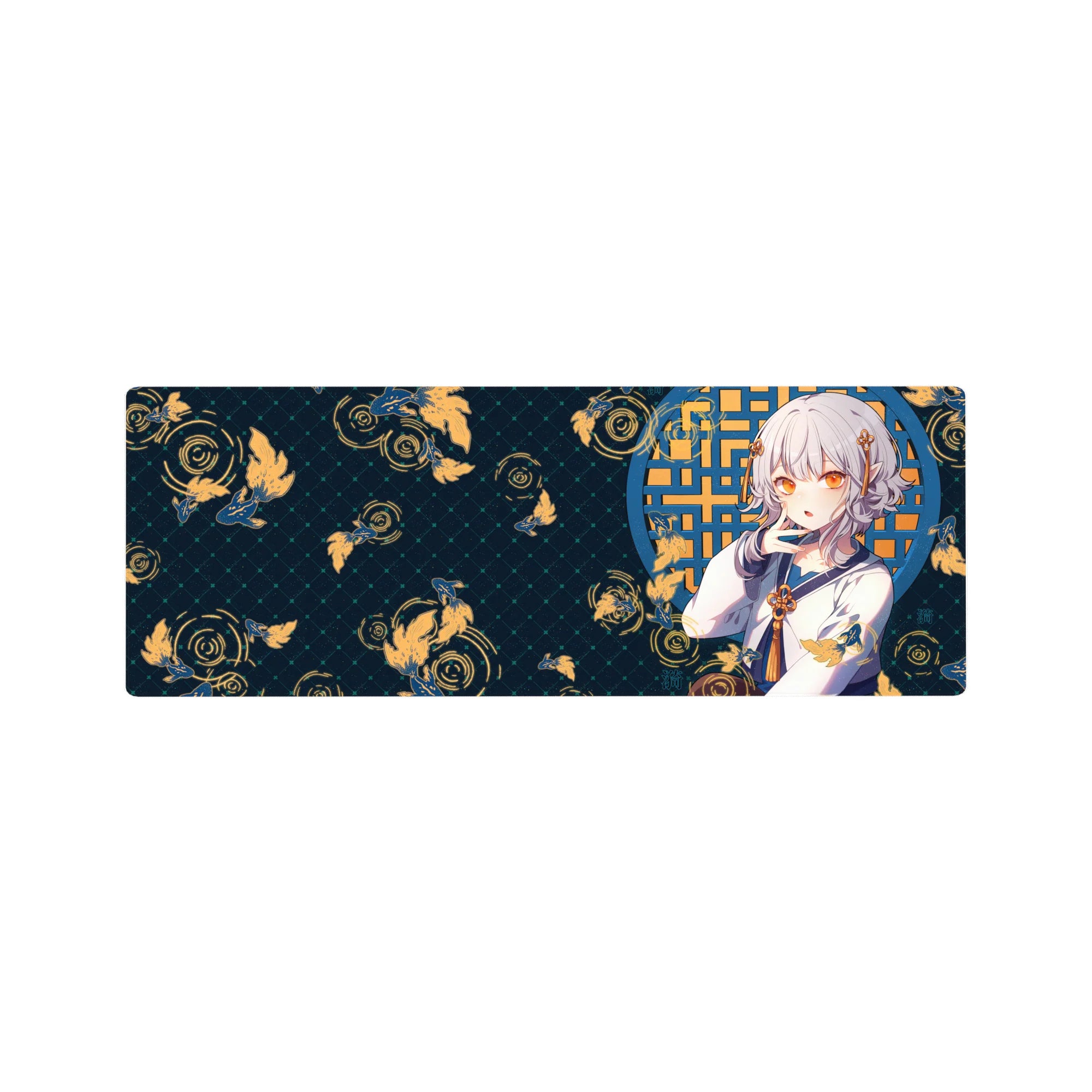 32x12 inches anime girl mouse pad with silver-haired amber-eyed girl, koi fish, blue lattice window.