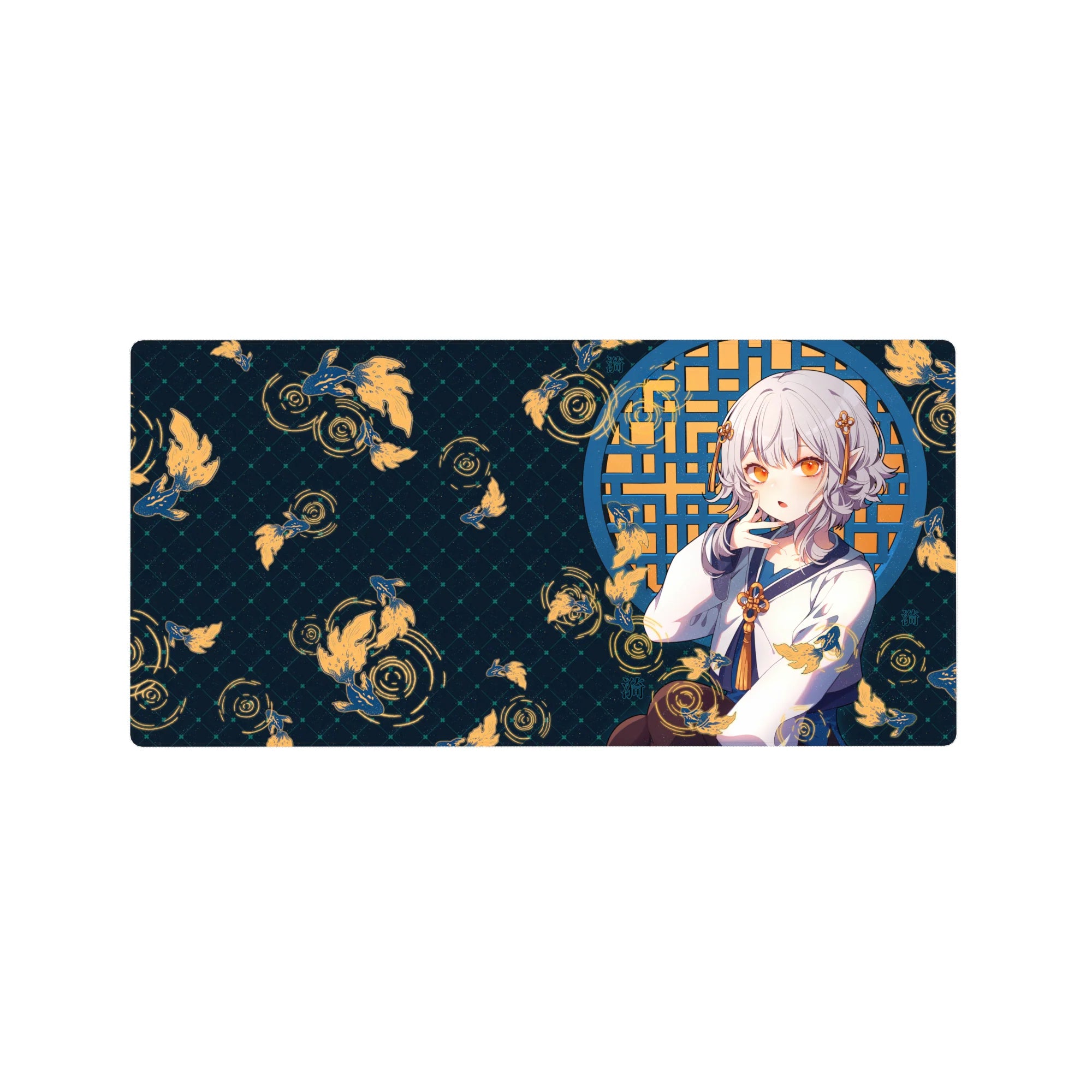32x16 inches anime girl mouse pad with silver-haired girl, koi fish, ripples, and blue lattice window.