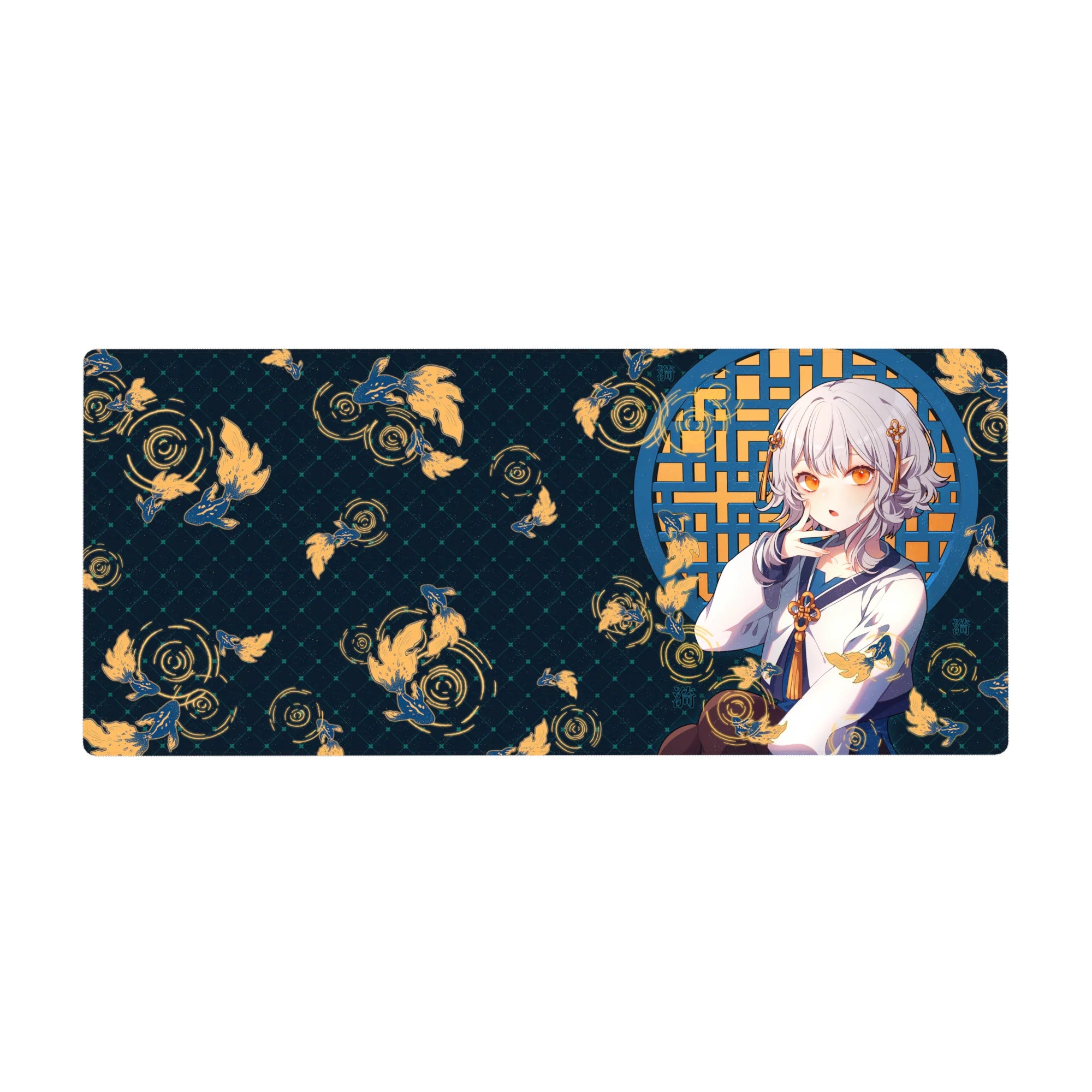 Anime girl desk pad 36x16 inches with blue lattice window, gold koi fish, and swirling ripples design.