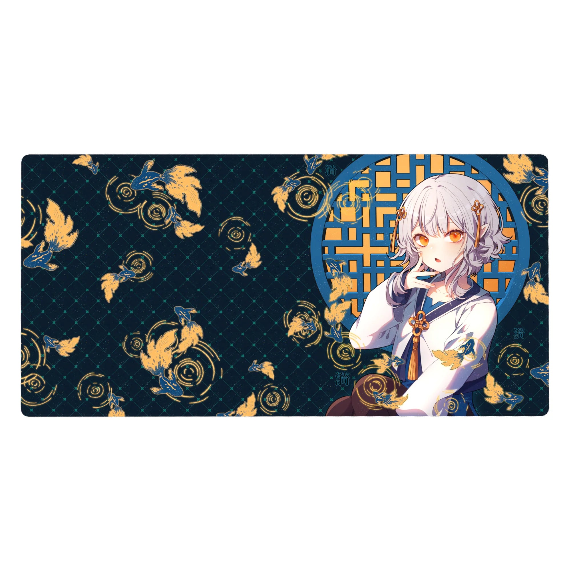 40x20 inches anime girl desk pad with silver-haired amber-eyed girl, blue lattice window, koi ripples.