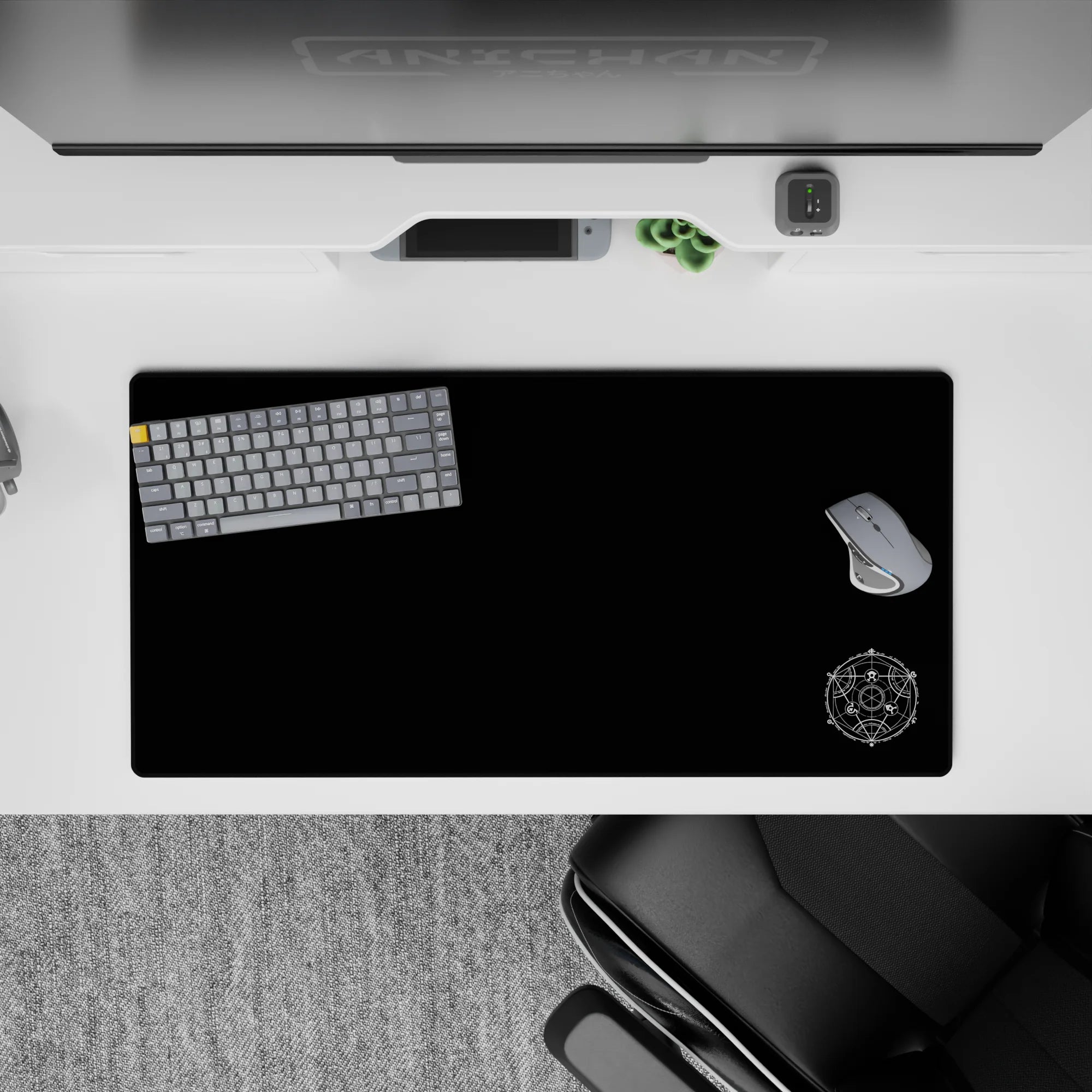Deep midnight anime mouse pad 32x16 inches, calm negative space and crisp white sigil, secret-lab mood.