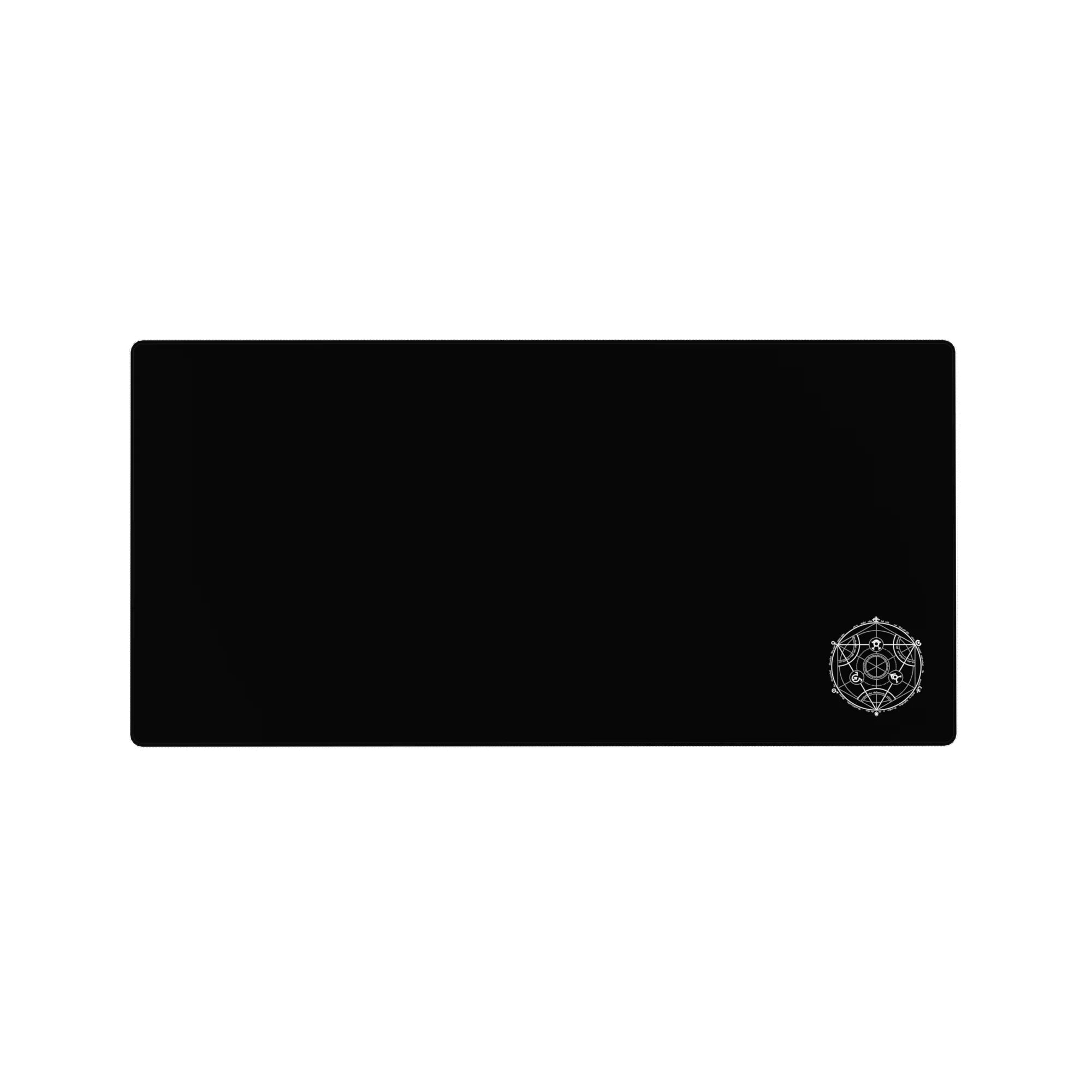 Minimalist anime mouse pad 32x16 inches with white alchemy circle, clean geometry, and tiny symbols.