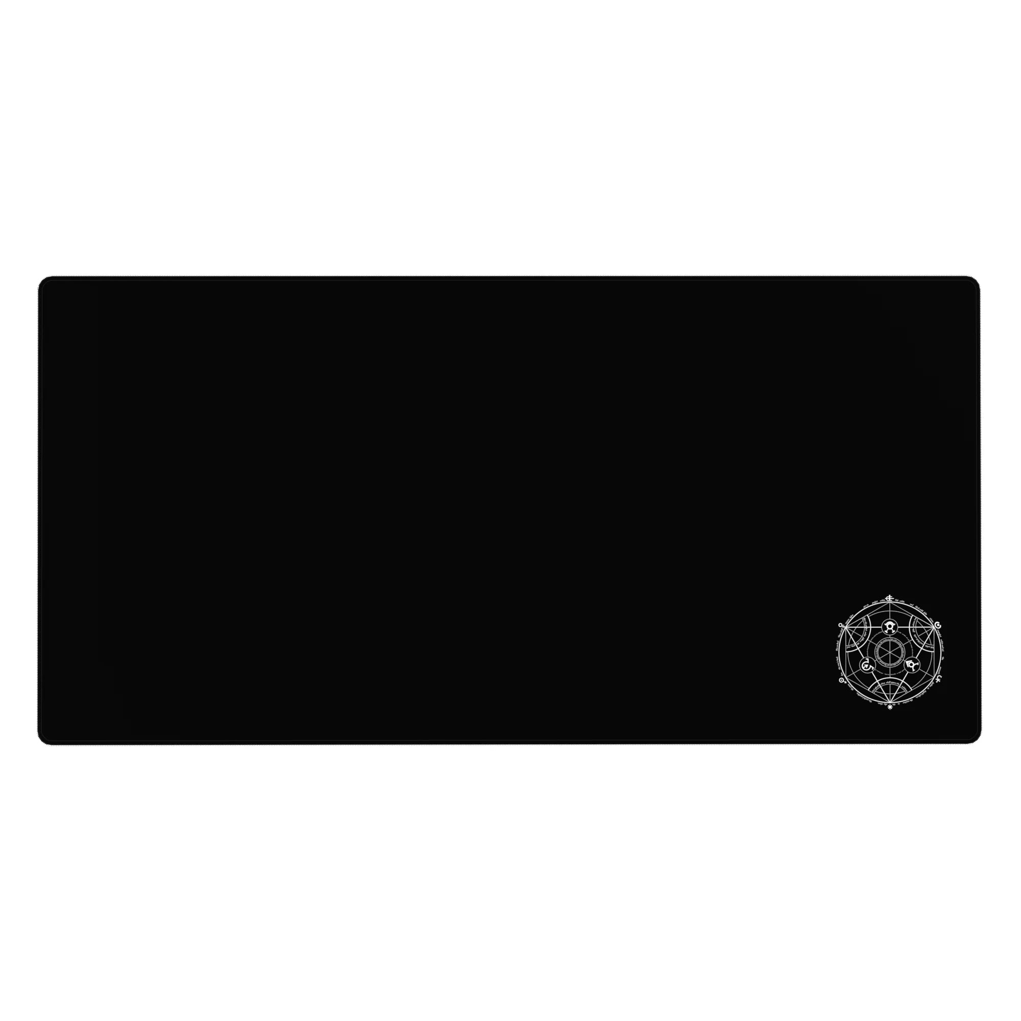 Minimalist anime desk pad 40x20 inches with white alchemy circle, clean geometry, and tiny symbols.